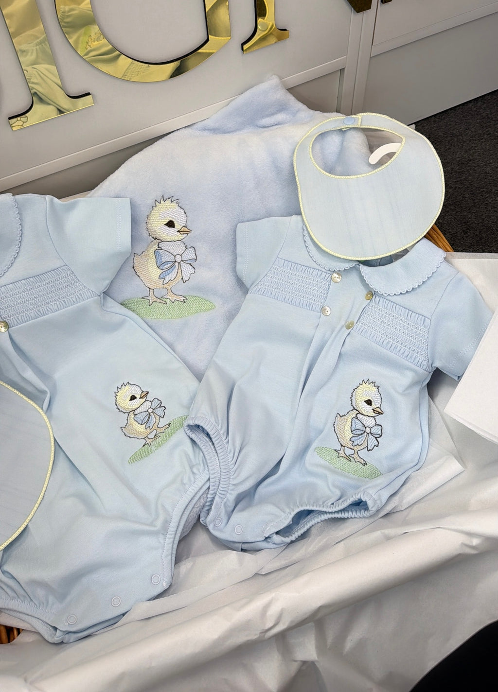 Chick smocked romper and bib and socks