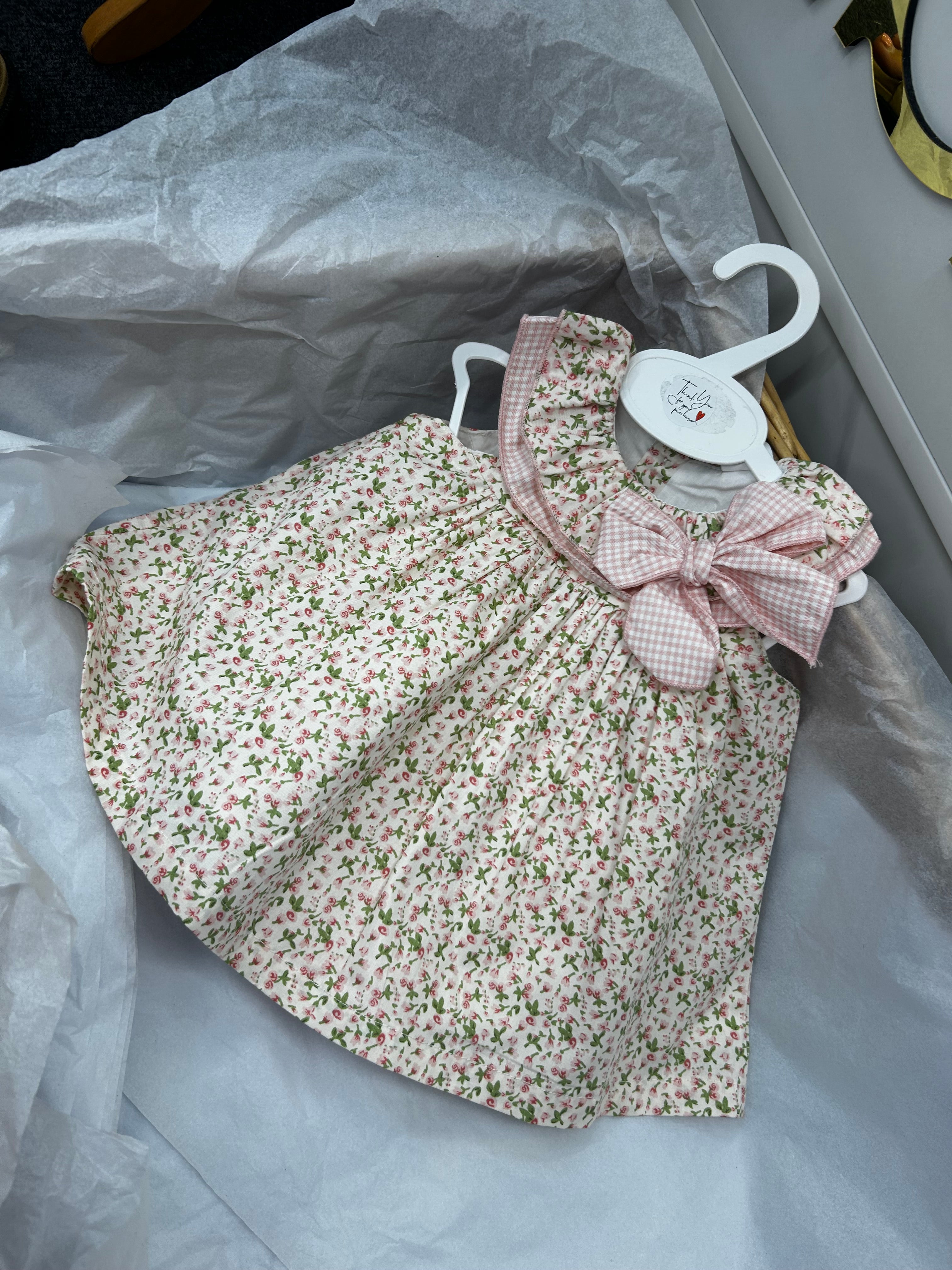 Floral dress with pink check bow (includes pants)