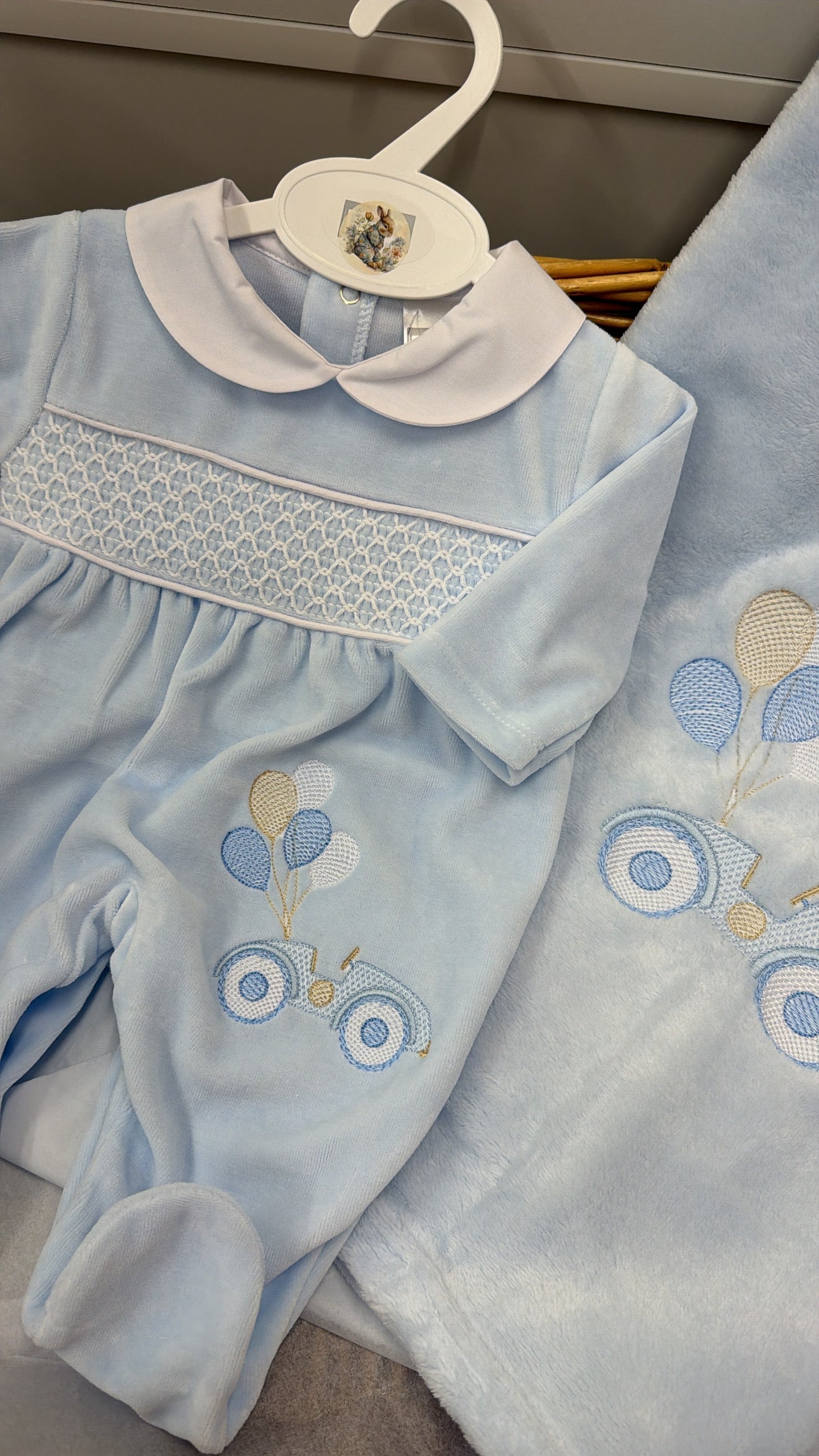 Blue car with balloon babygrow (blanket sold separately)