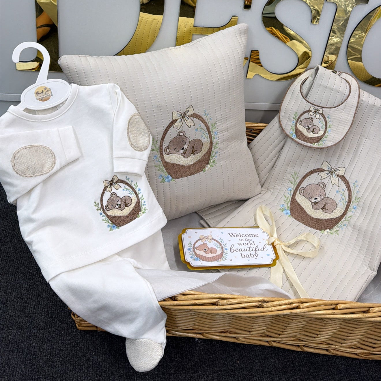 Sleepy bear hospital set: pillow, top, trousers,tag and throw