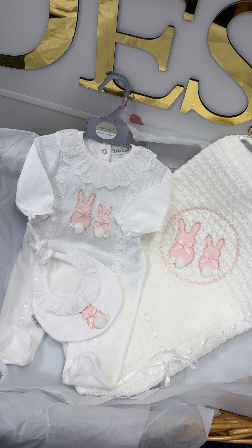 Lace bunny baby grow and bib set (blanket sold separately)