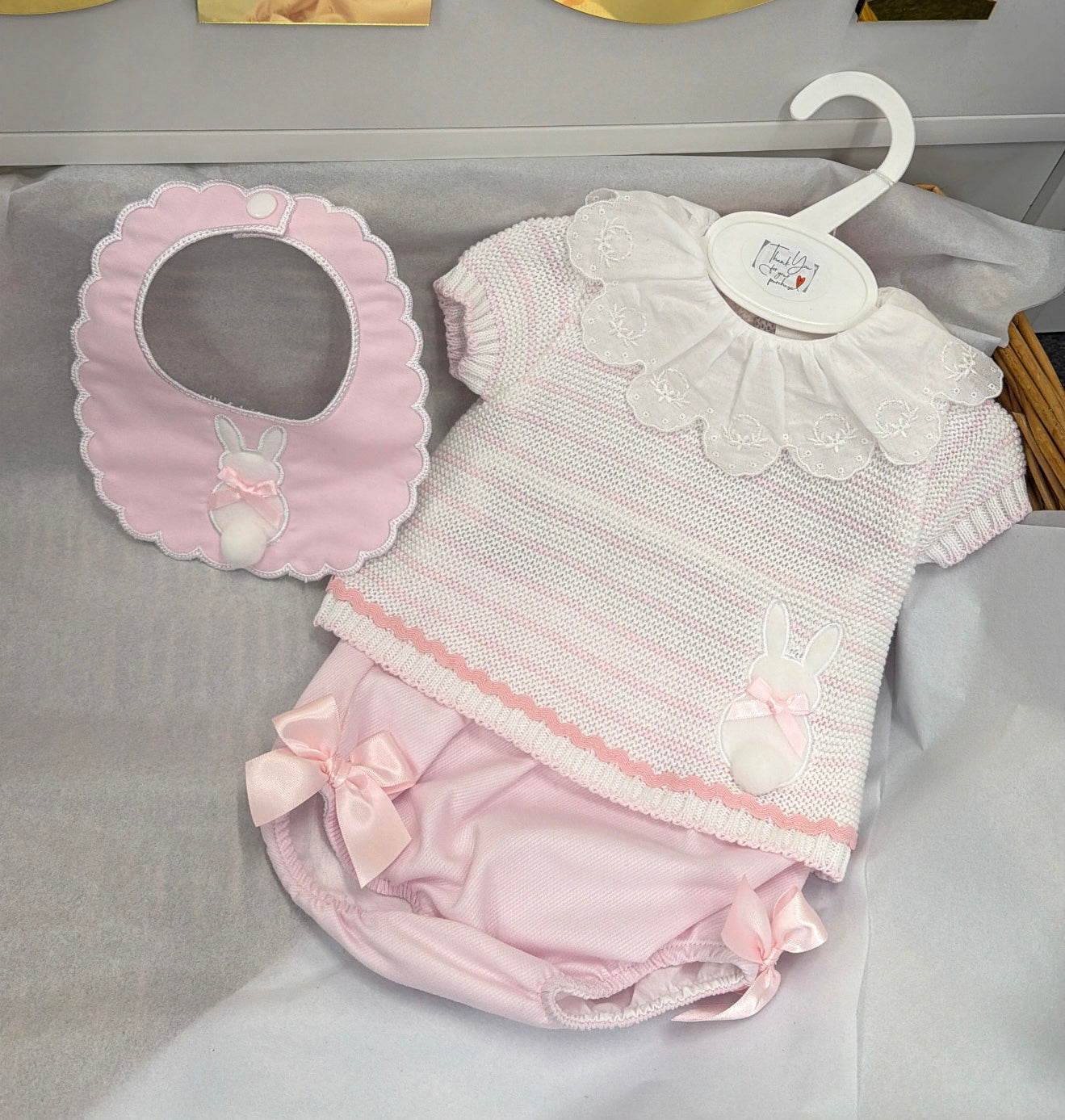 Pink stripe bunny two piece set and bib