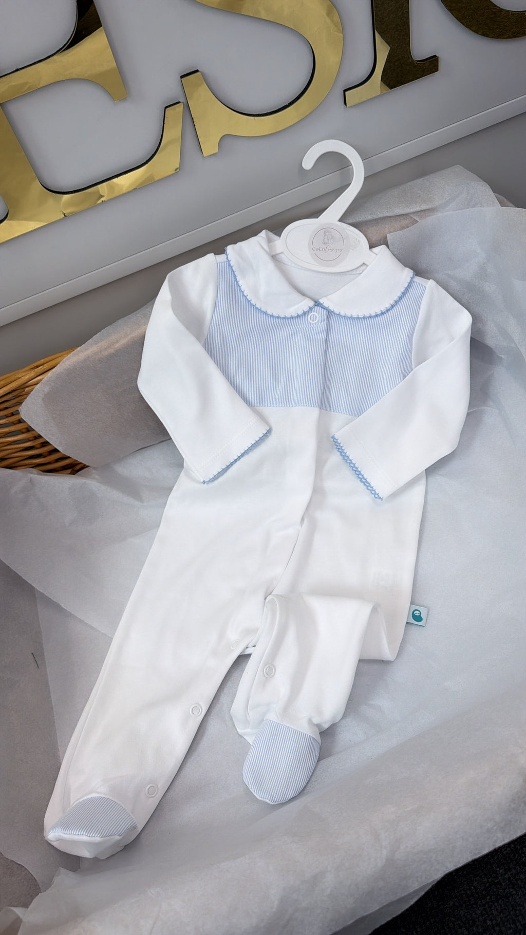 Baby blue stripe cotton babygrow