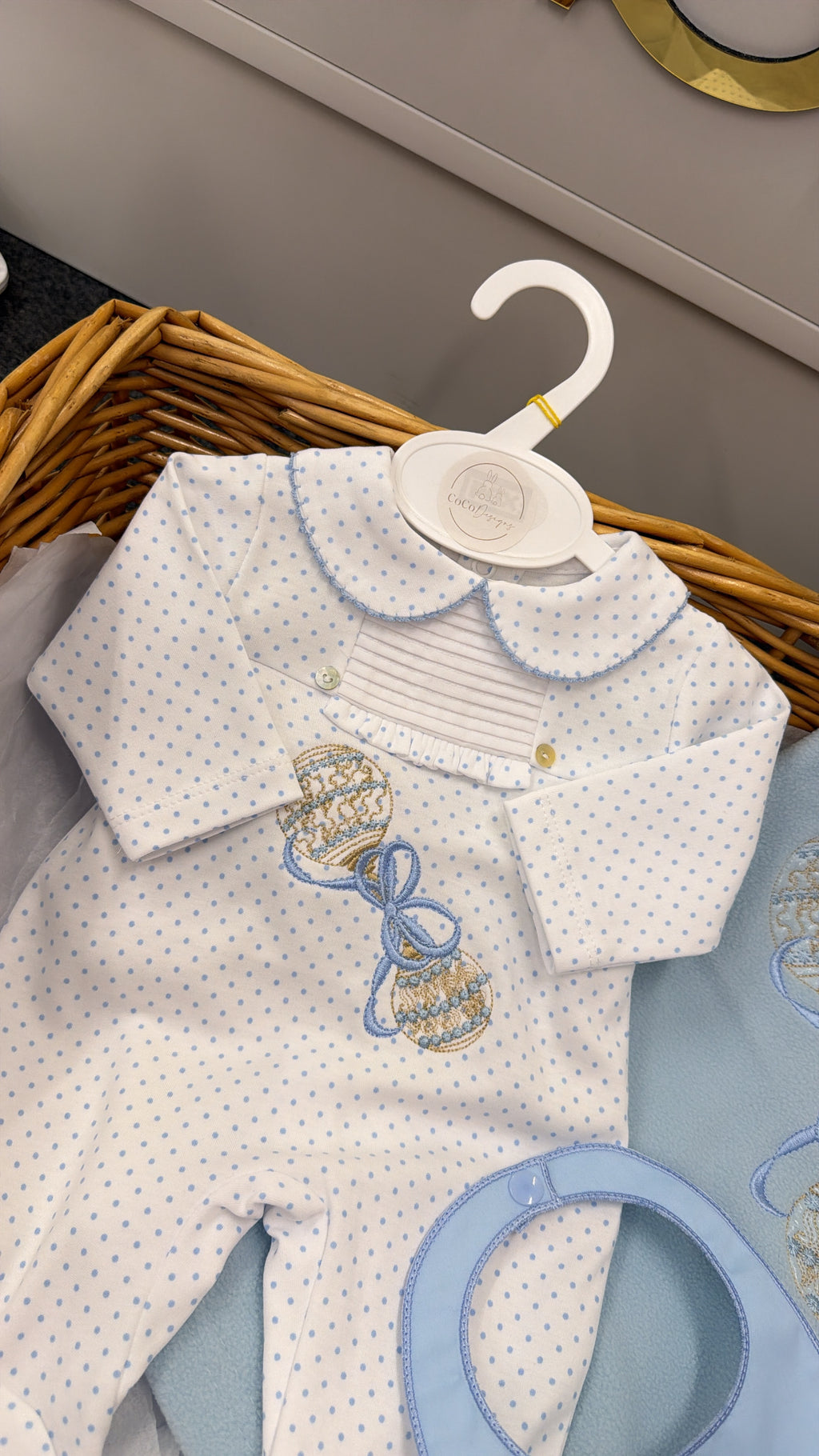 Blue rattle babygrow and bib & blanket set