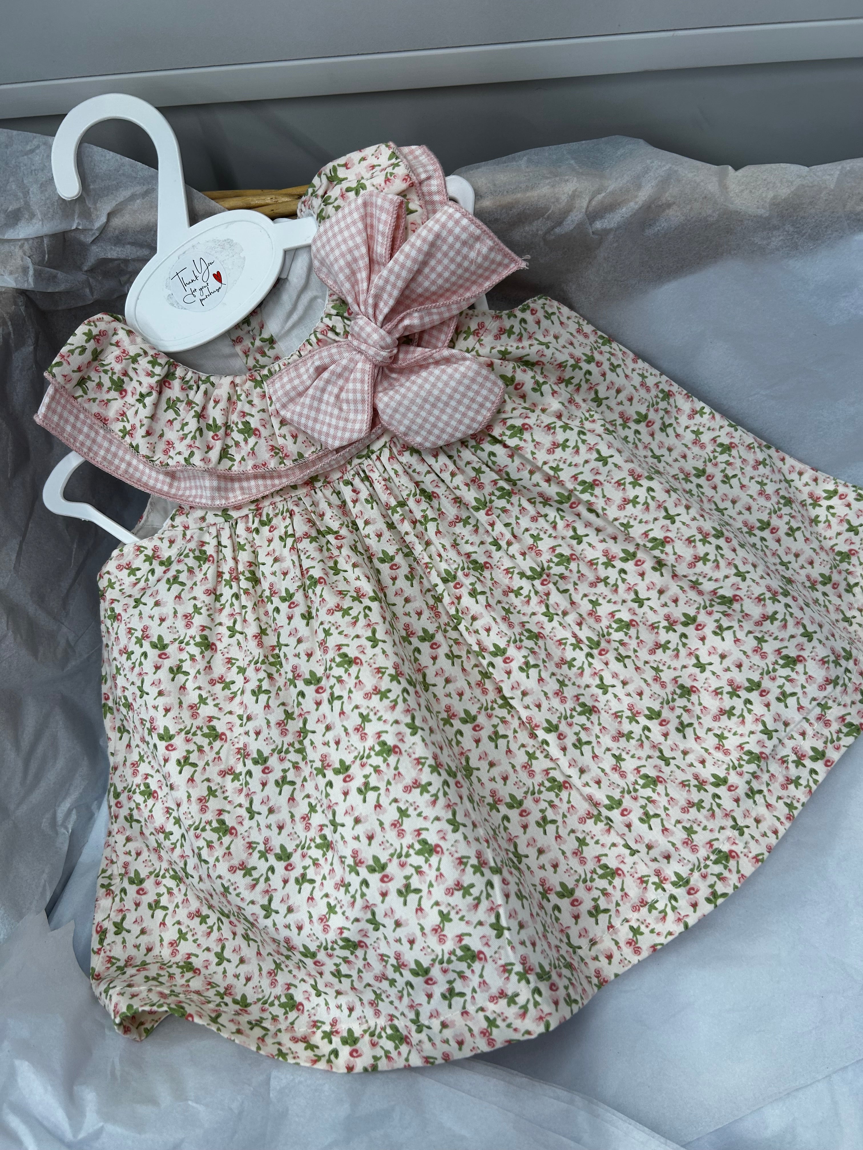 Floral dress with pink check bow (includes pants)