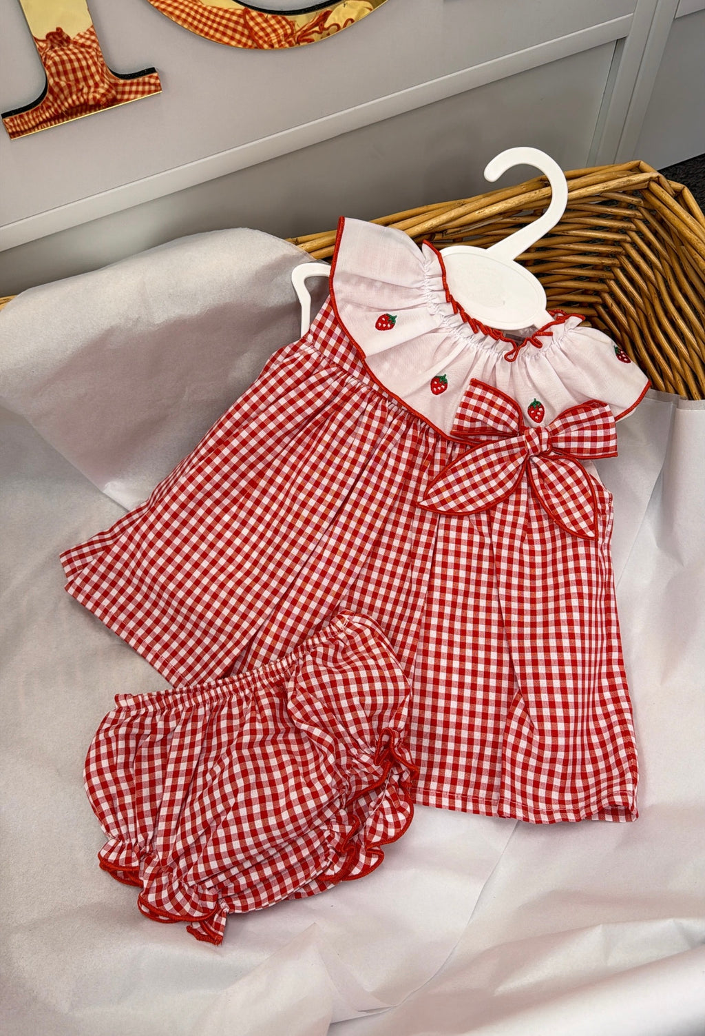 Gingham strawberry dress & pants set