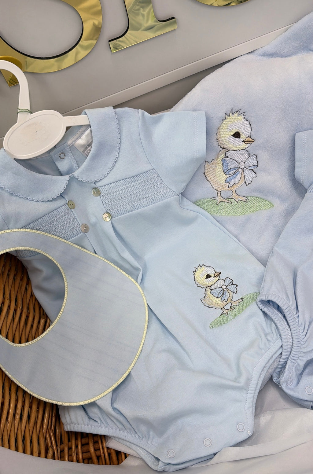 Chick smocked romper and bib and socks