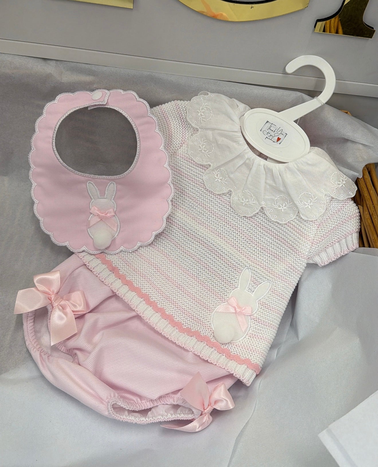 Pink stripe bunny two piece set and bib