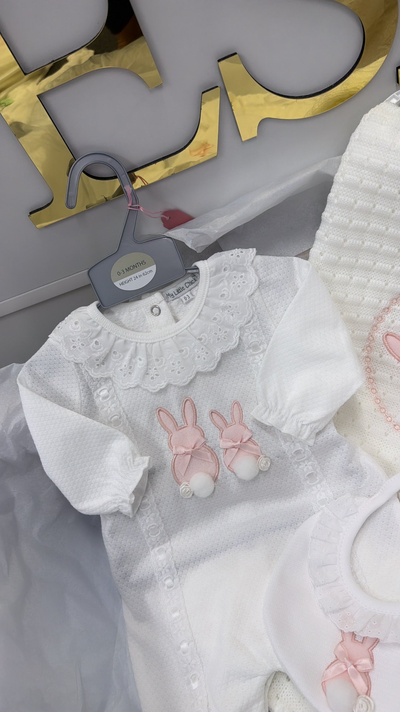 Lace bunny baby grow and bib set (blanket sold separately)