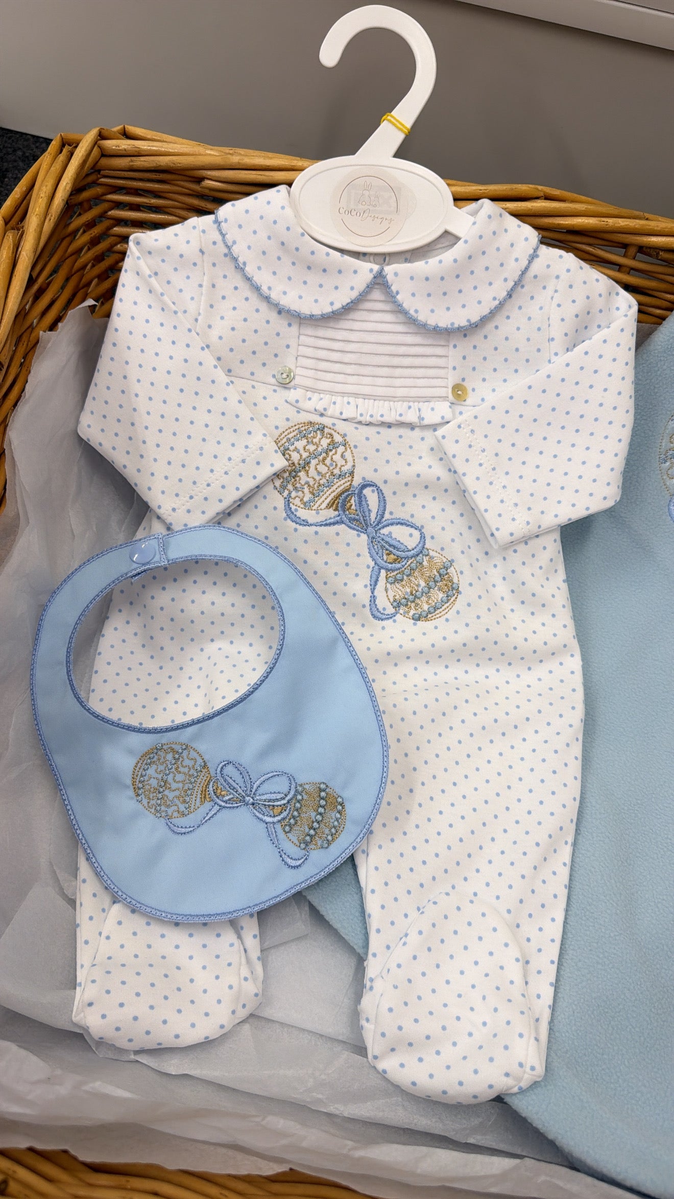 Blue rattle babygrow and bib & blanket set