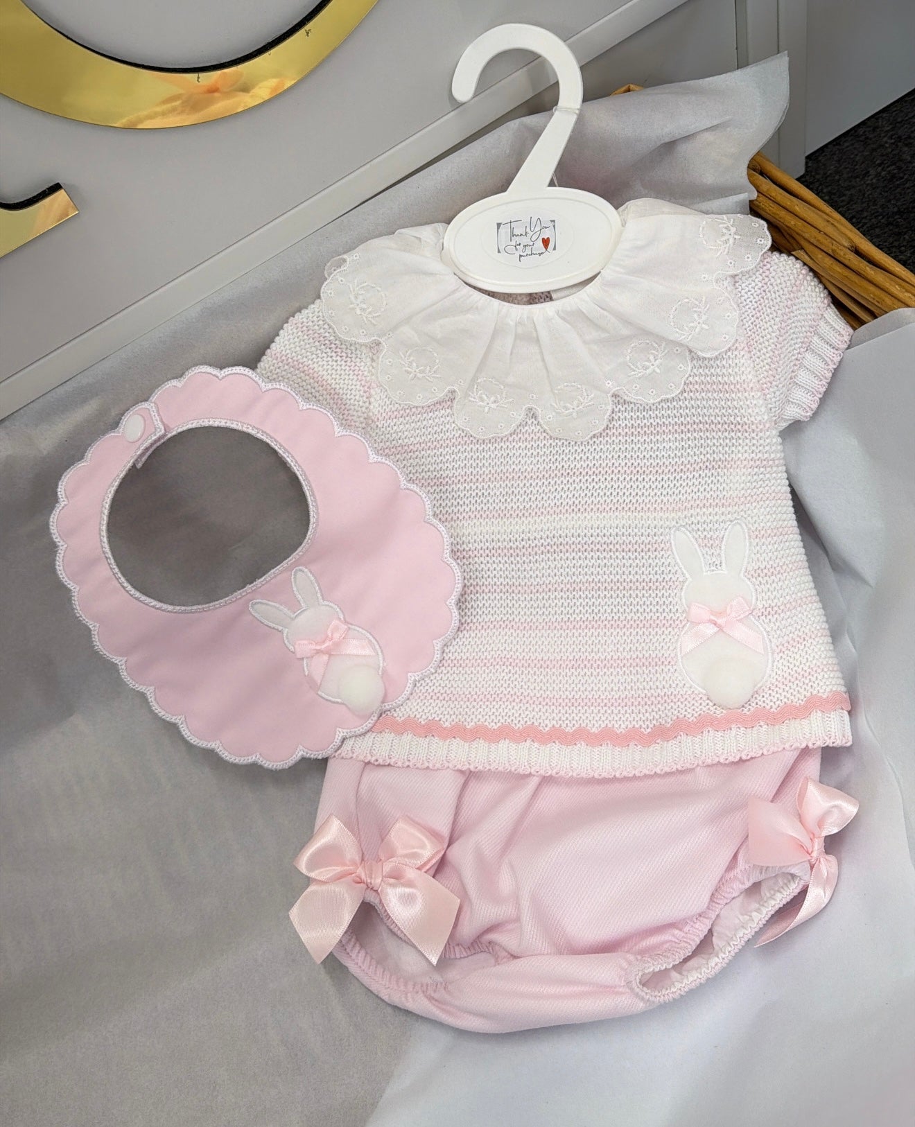 Pink stripe bunny two piece set and bib