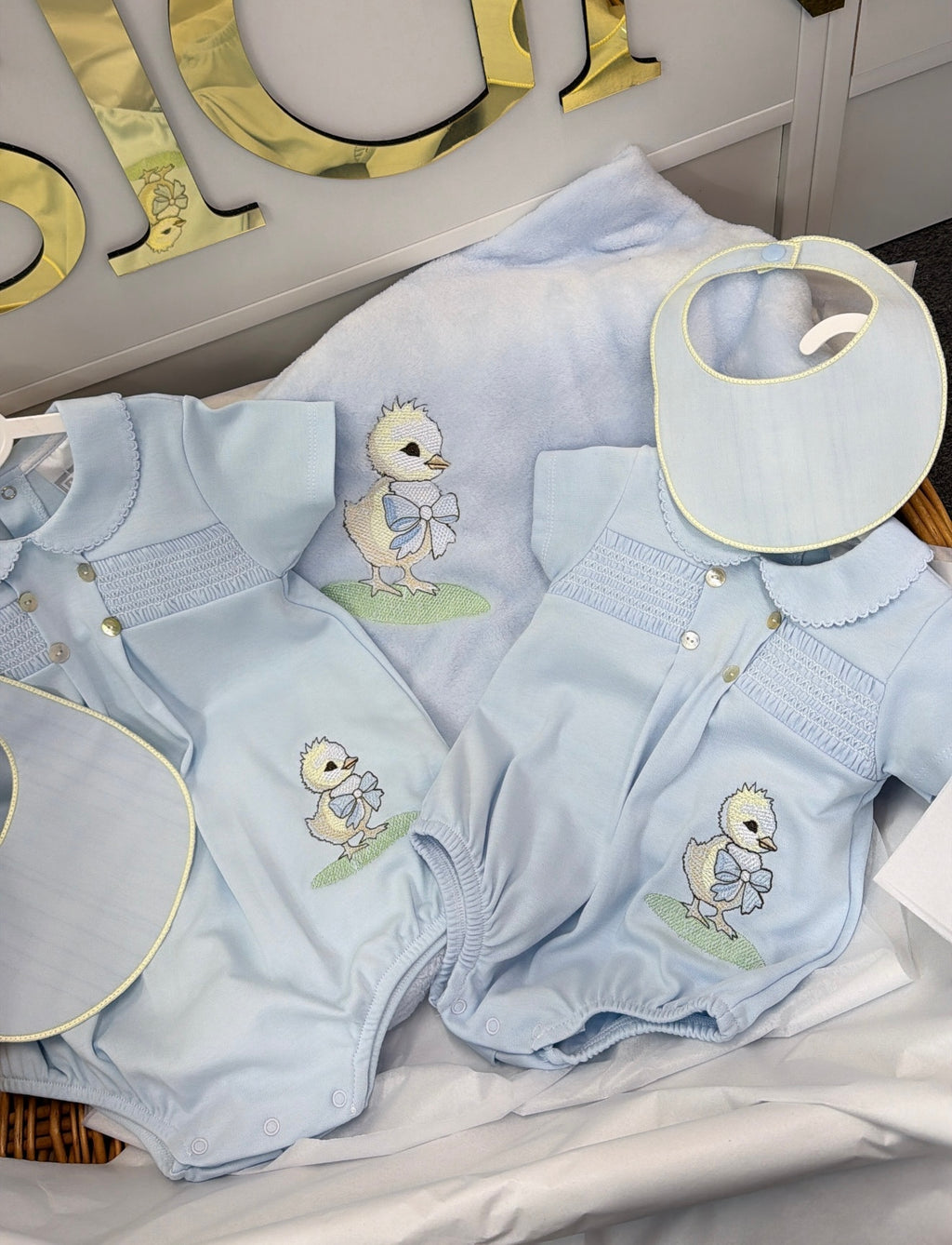 Chick smocked romper and bib and socks
