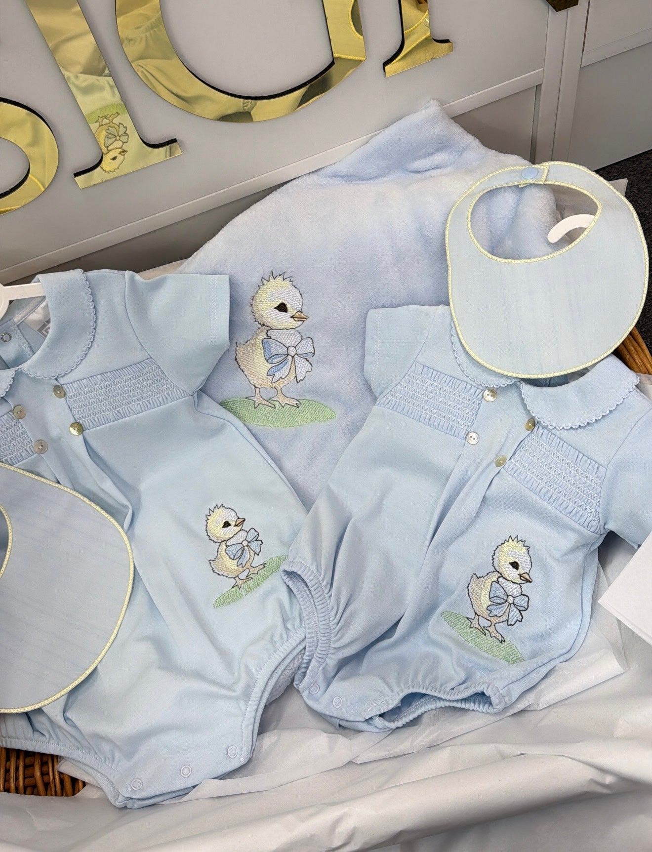Chick smocked romper and bib and socks