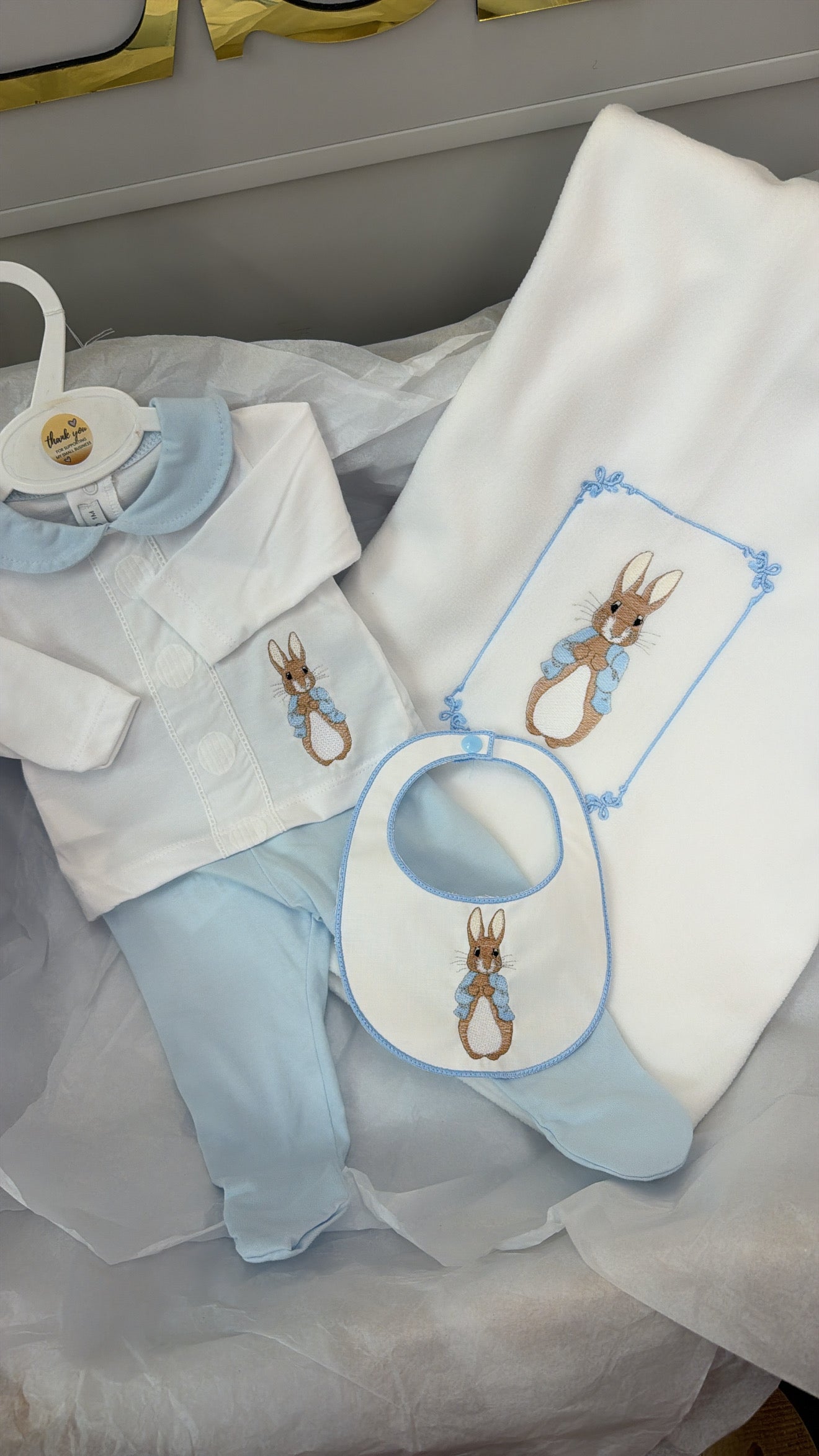 Peter rabbit outfit and bib (blanket sold separately)