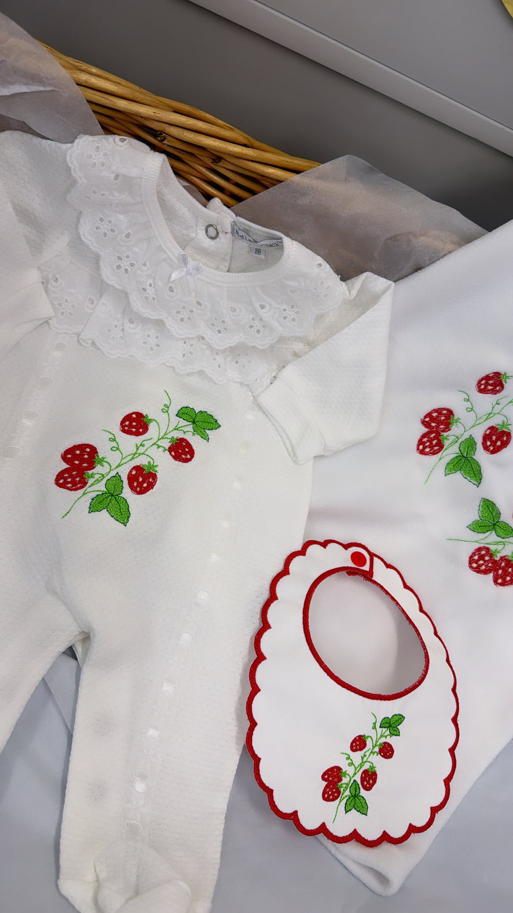 Summer time strawberry babygrow & bib & blanket