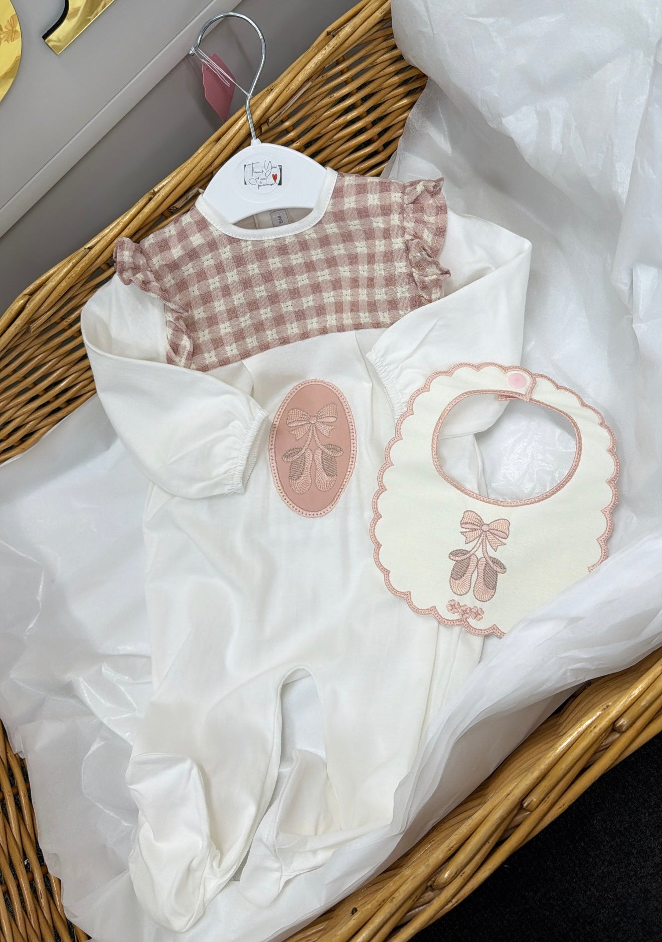 Cream&blush pink babygrow&bib