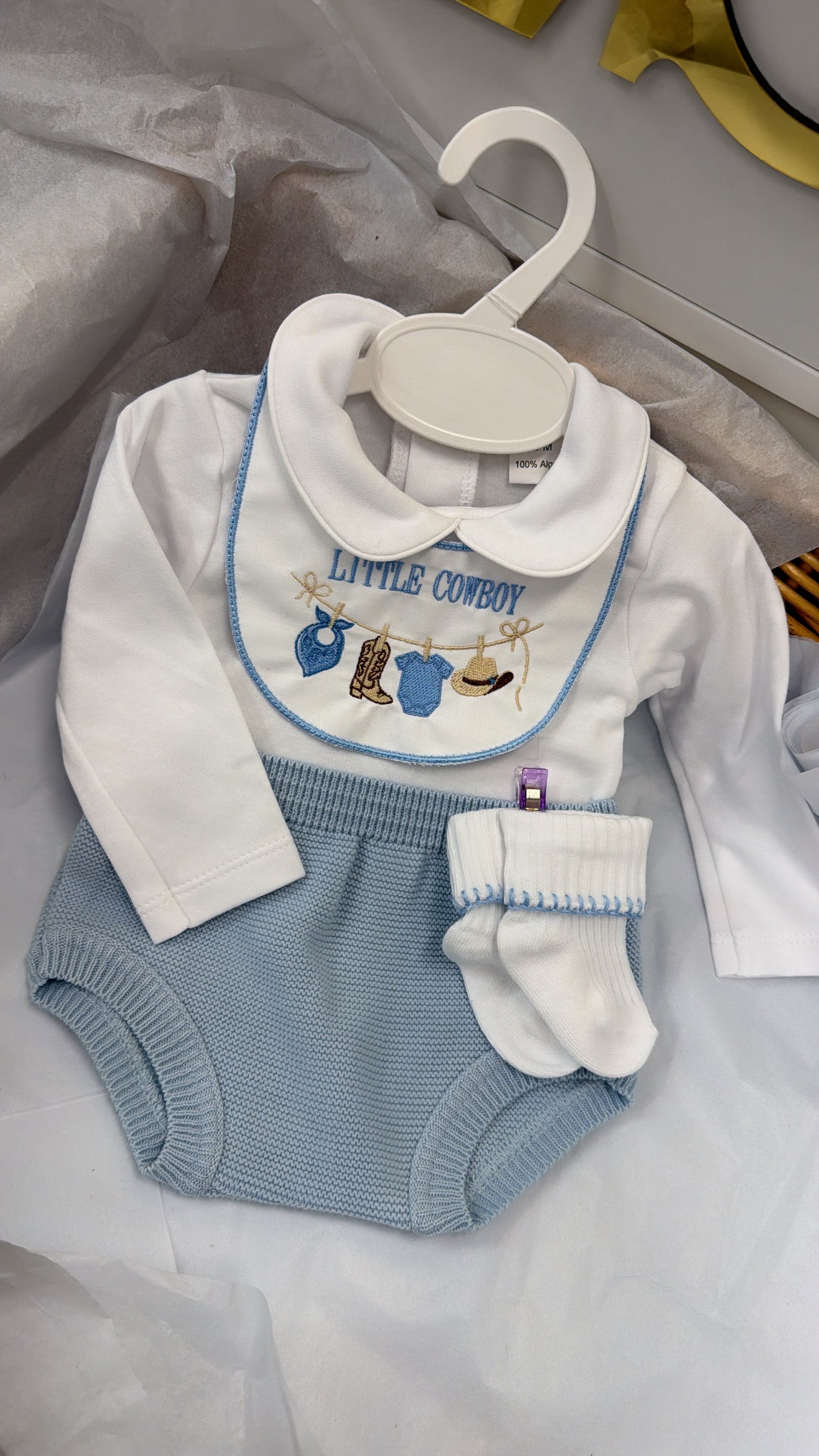 Blue cowboy pant set & socks & bib