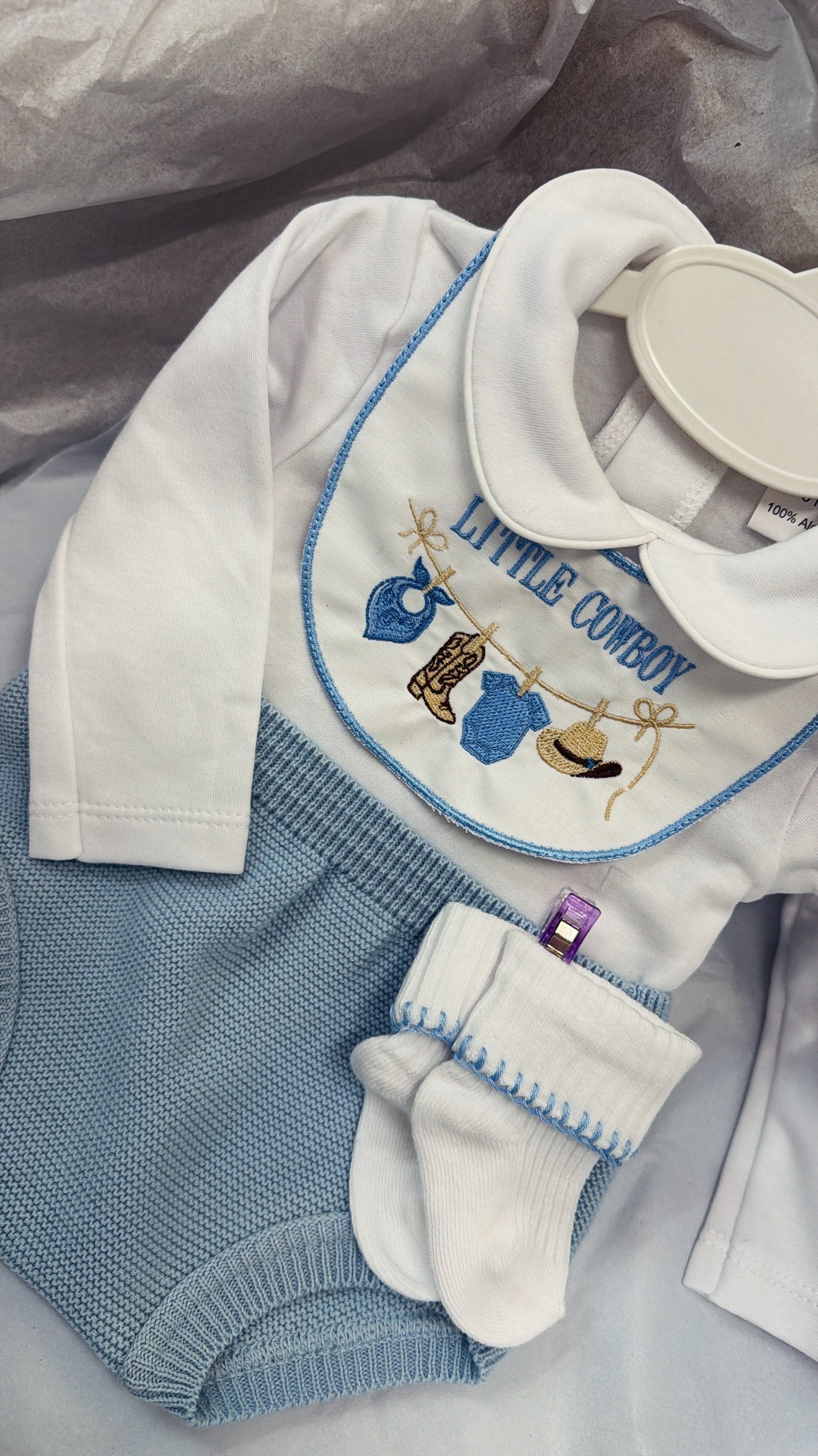 Blue cowboy pant set & socks & bib