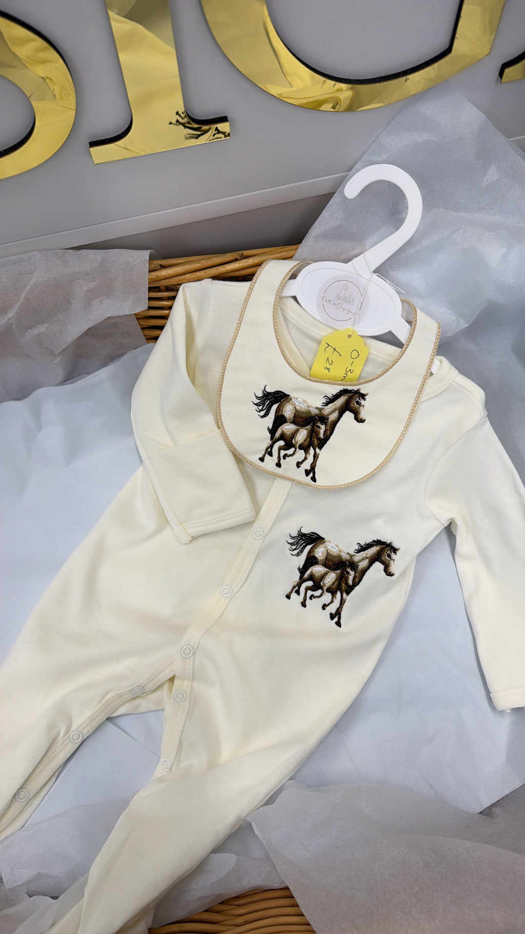 Horse babygrow and bib in cream