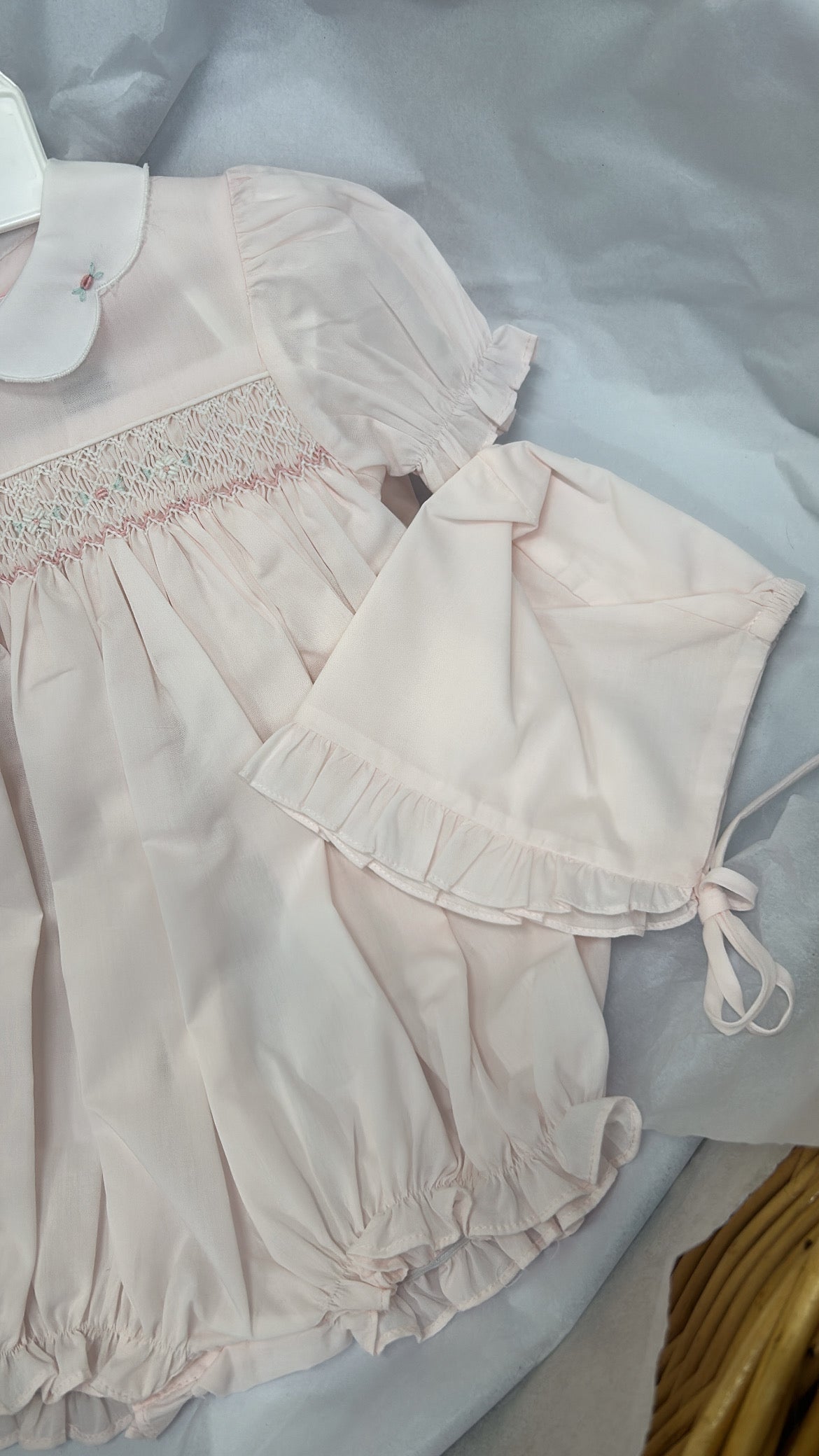 Pink smock romper and bonnet