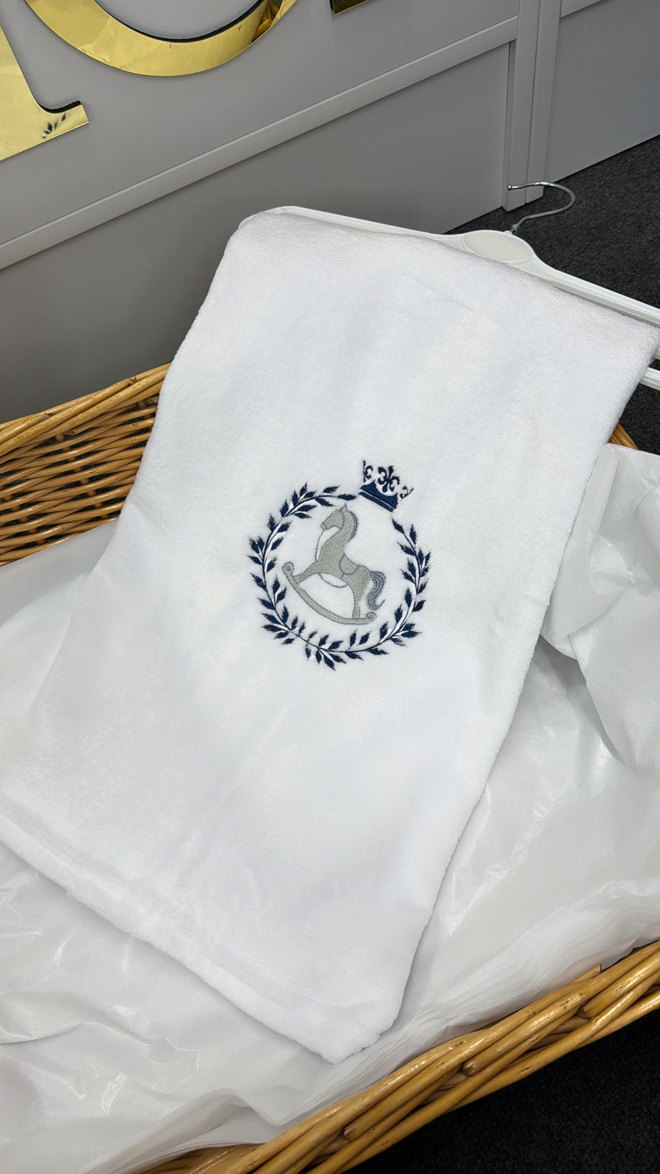 Navy rocking horse blanket