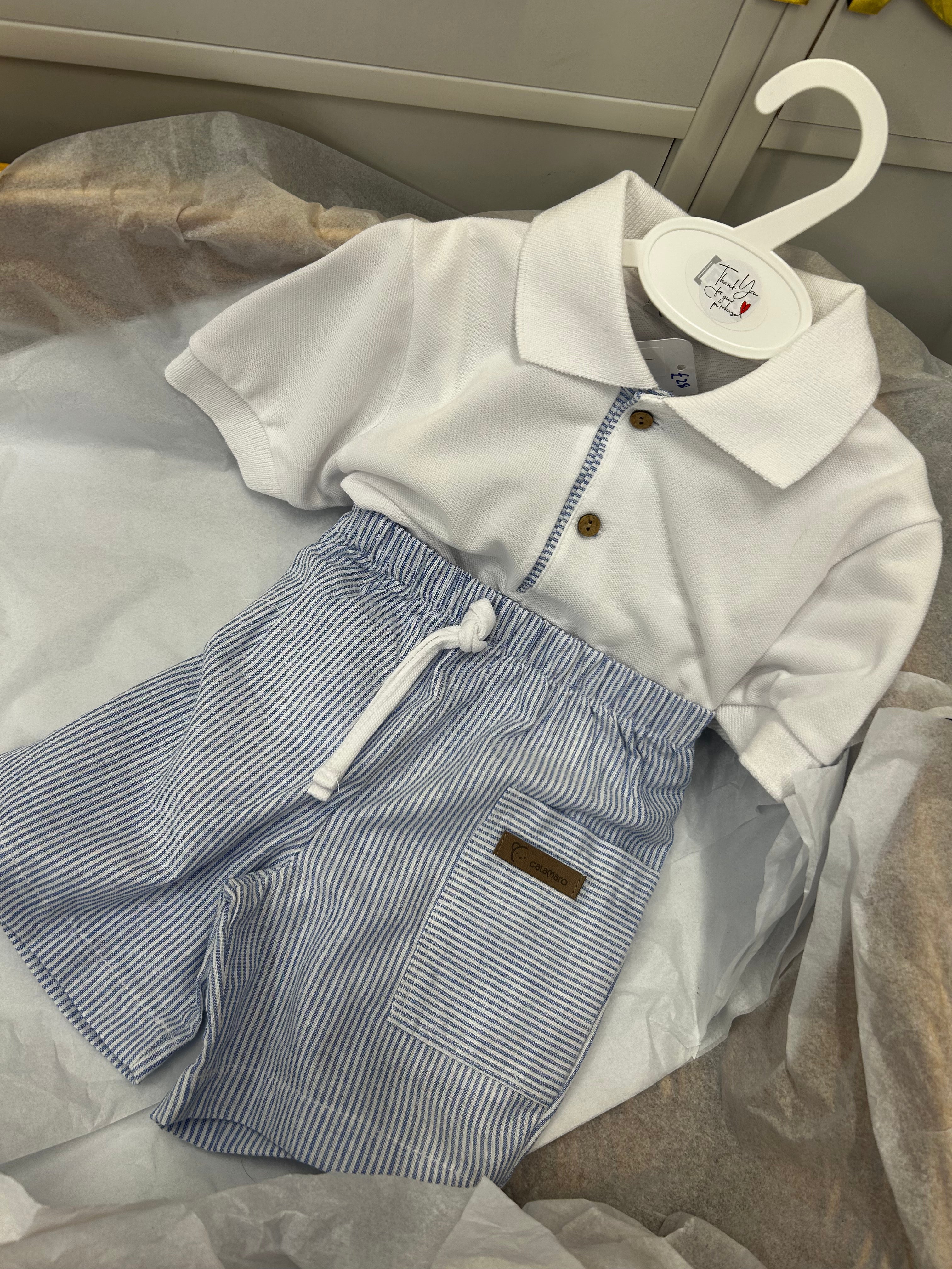 Polo shirt and blue stripe shorts set