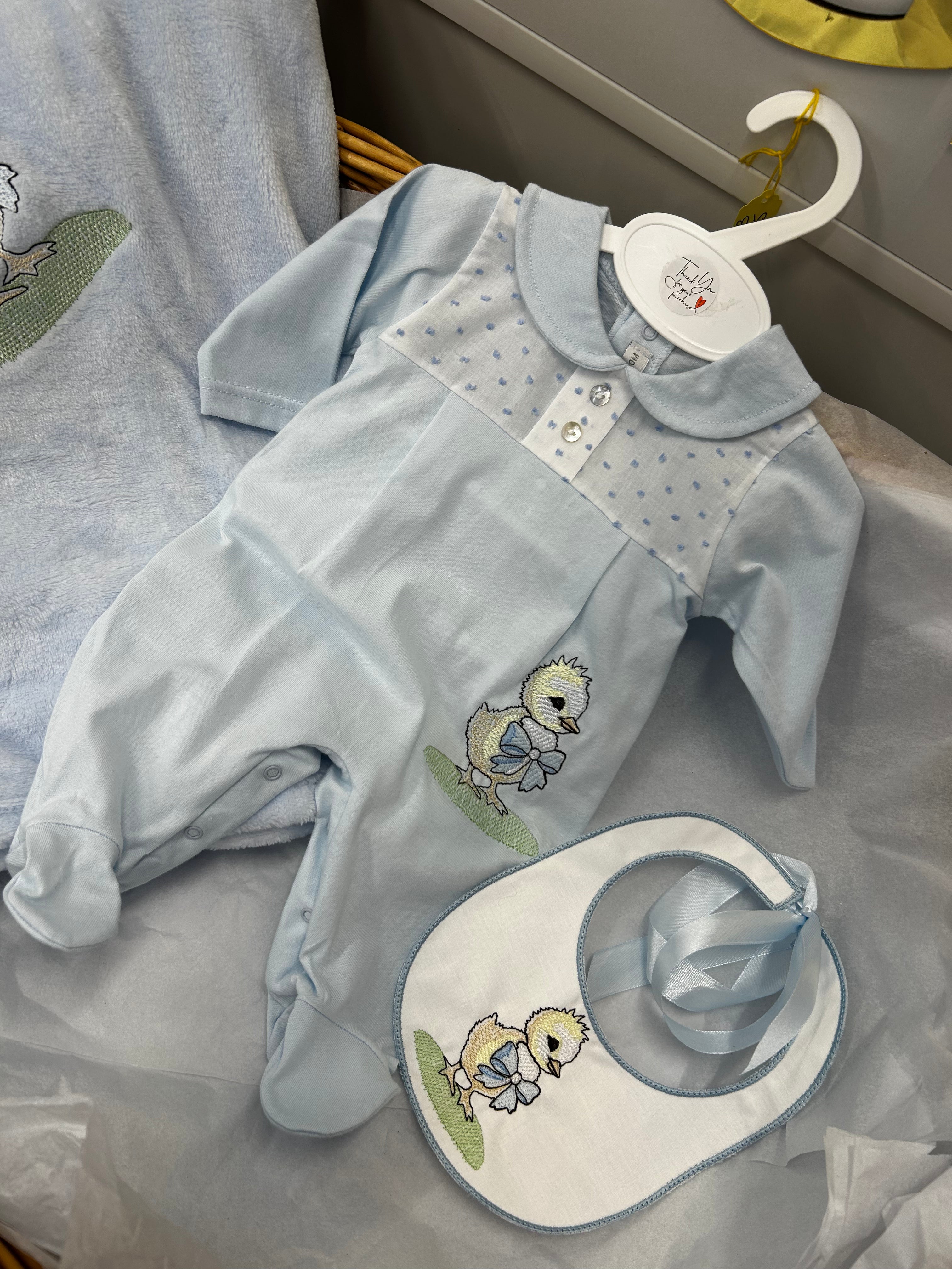 Blue chick babygrow and Bib set including blanket