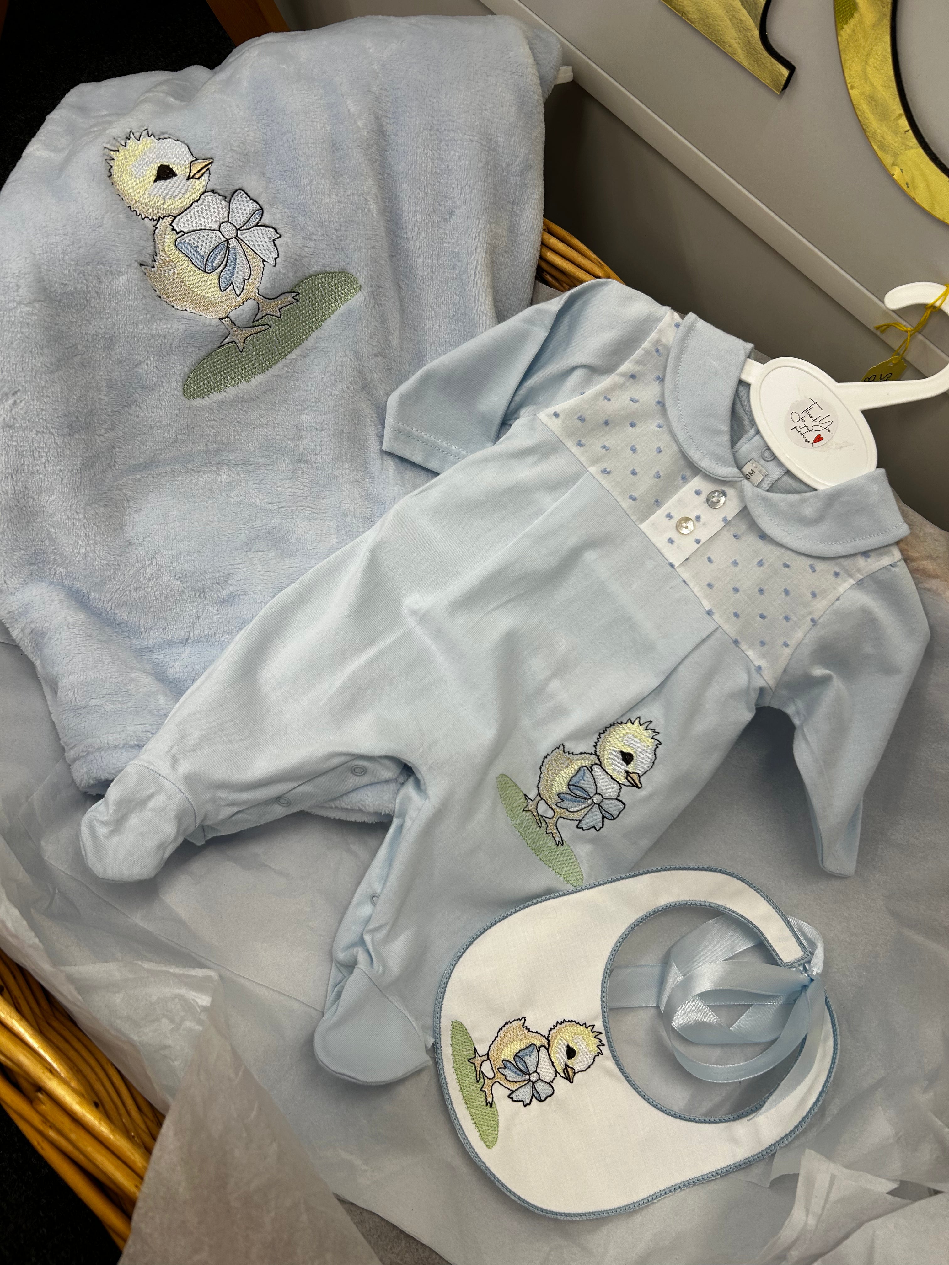 Blue chick babygrow and Bib set including blanket