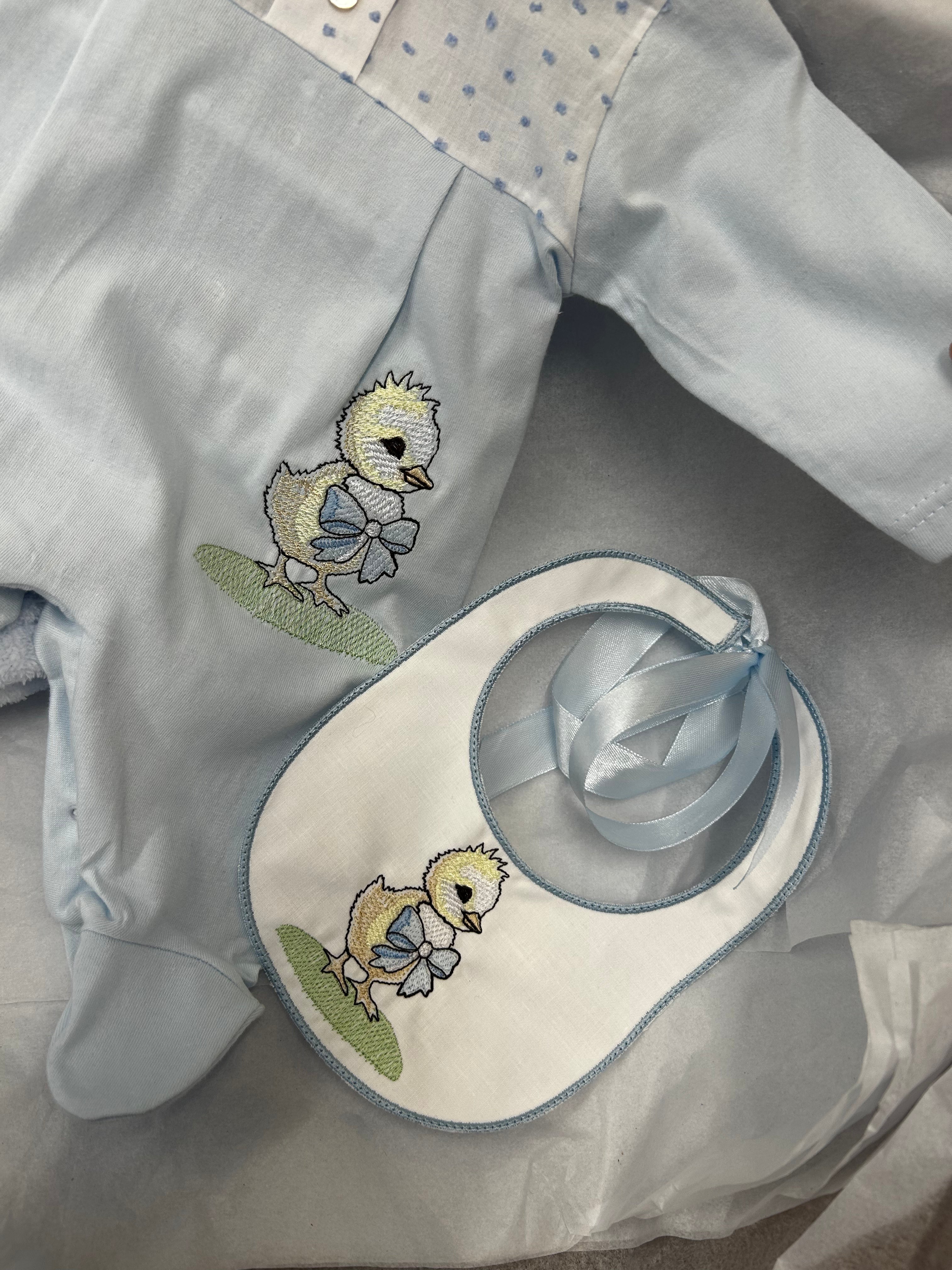 Blue chick babygrow and Bib set including blanket