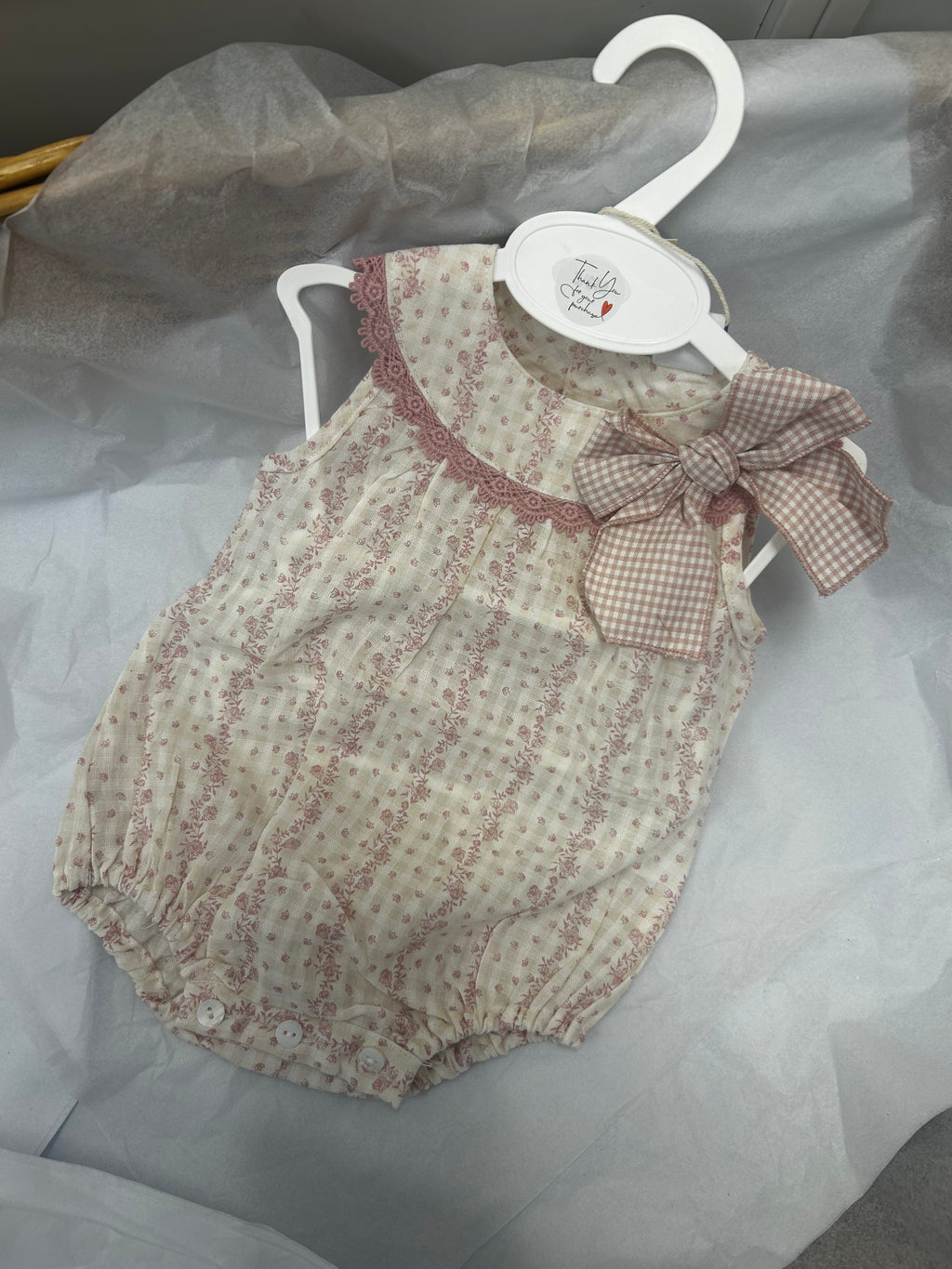 Dotty floral romper with check bow