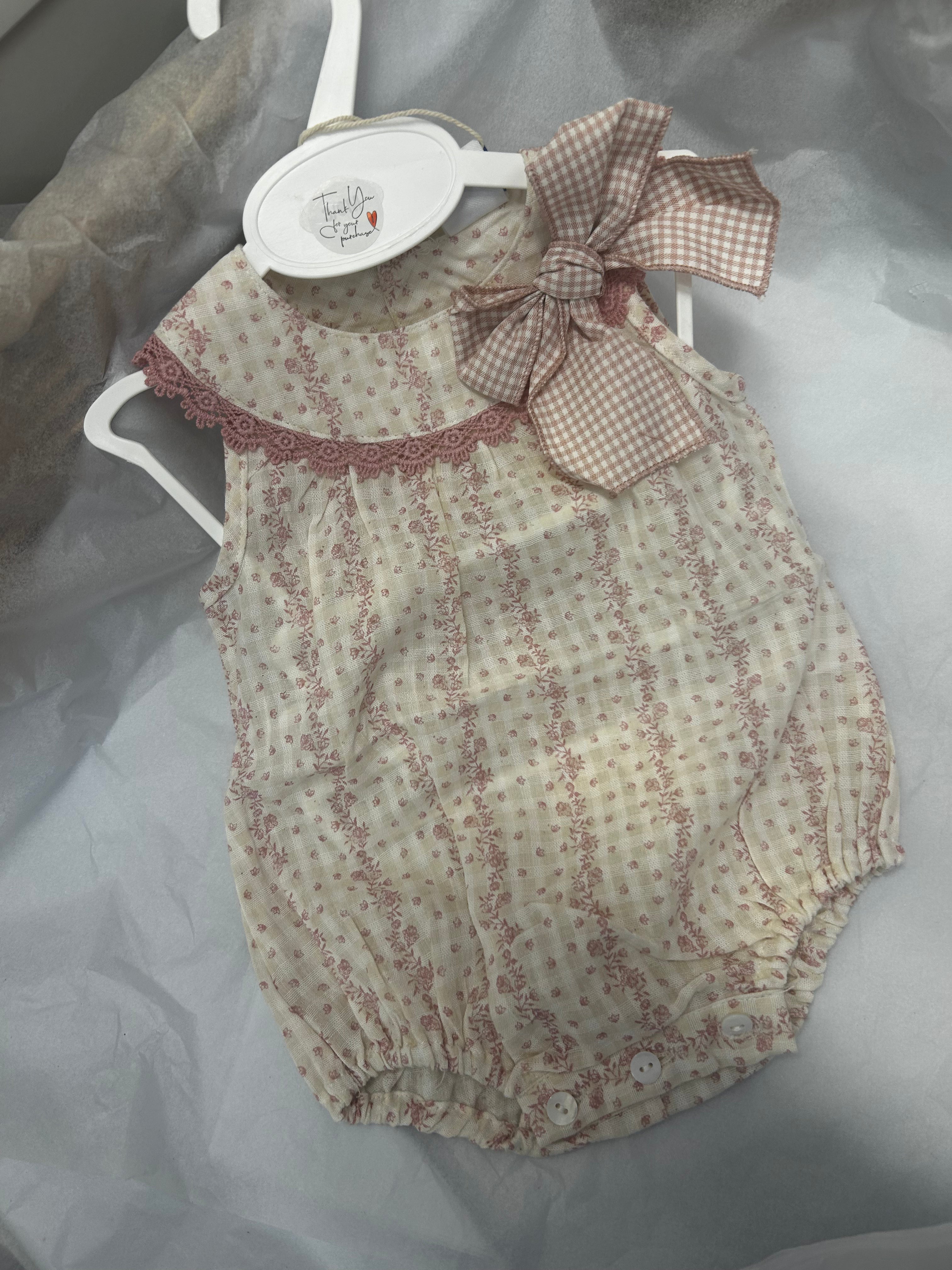 Dotty floral romper with check bow