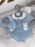 Blue bunny knit pant and bib set