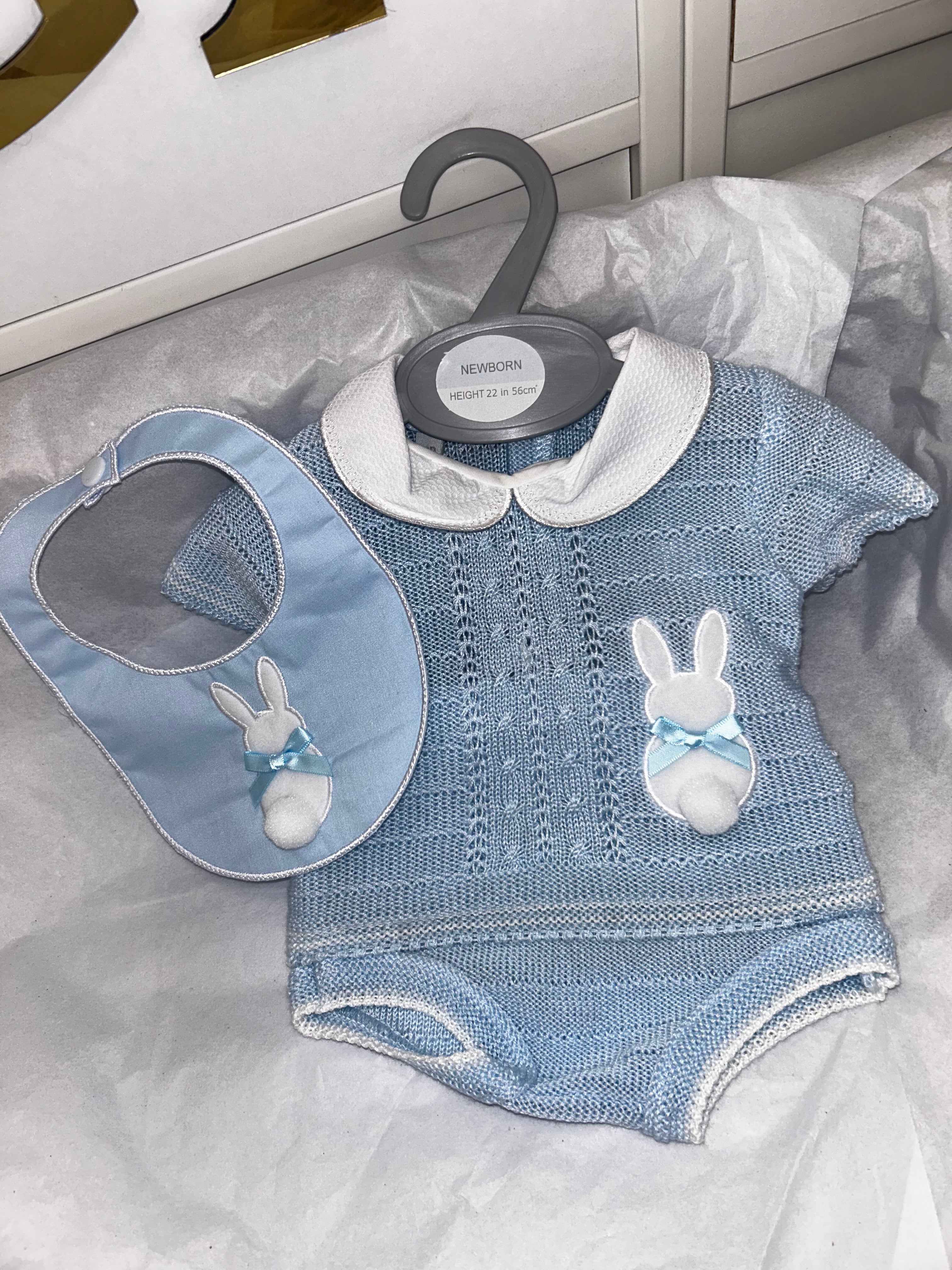 Blue bunny knit pant and bib set