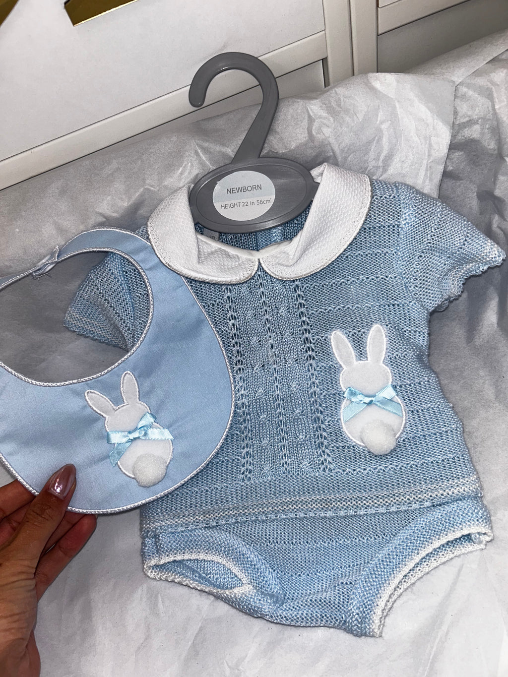 Blue bunny knit pant and bib set