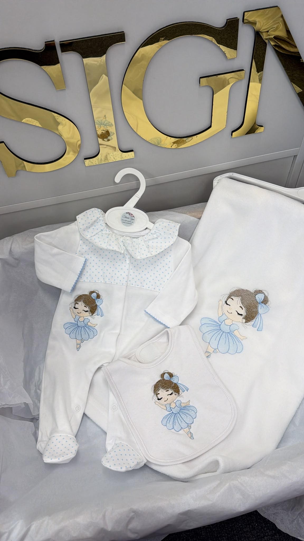 Blue ballerina babygrow bib and blanket full set