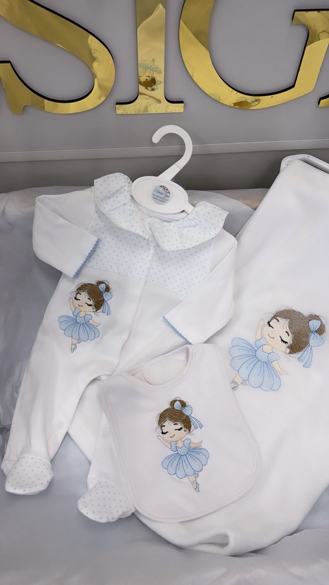 Blue ballerina babygrow bib and blanket full set