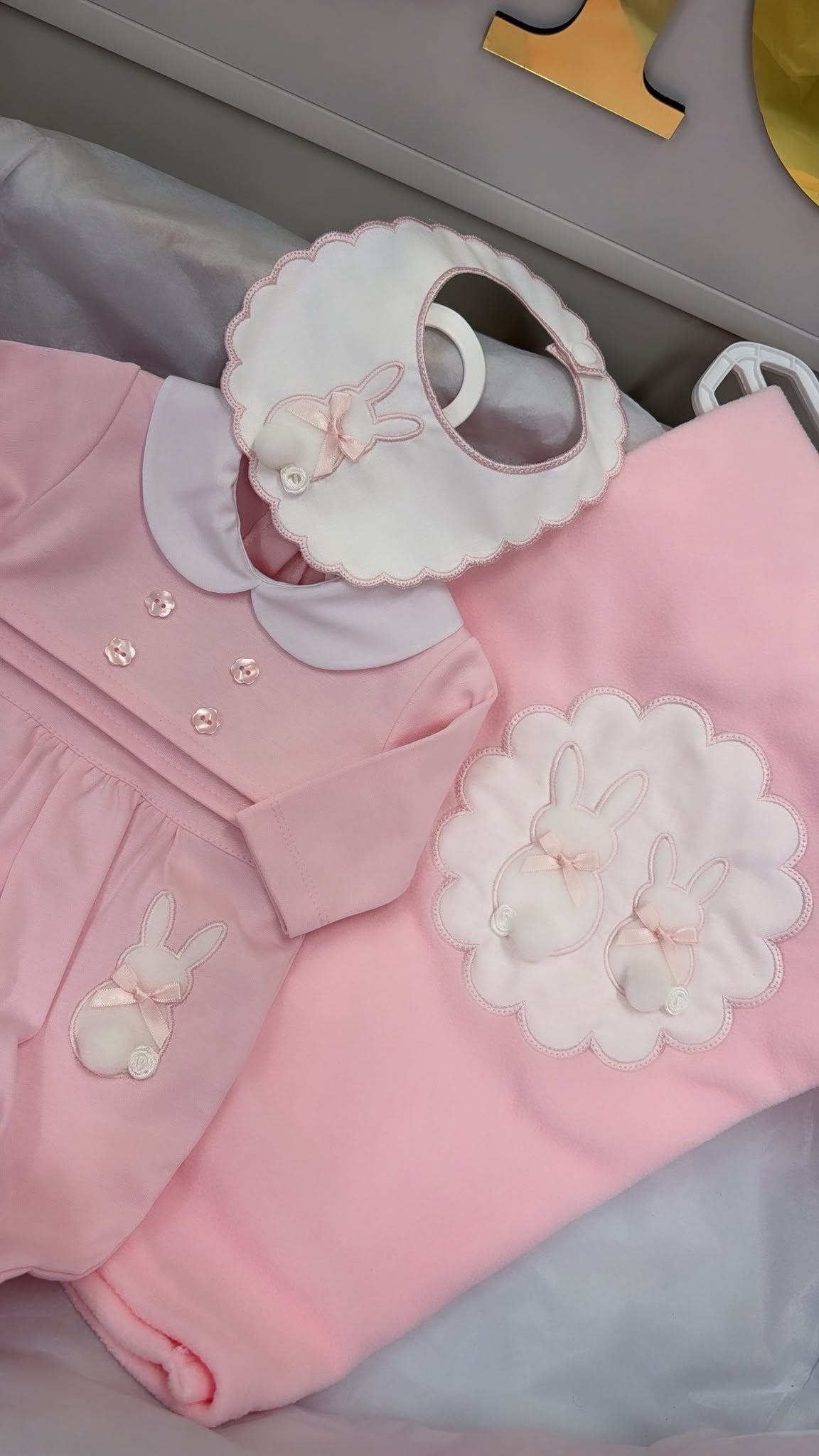 Pink bunny baby grow and bib set, blanket sold separately
