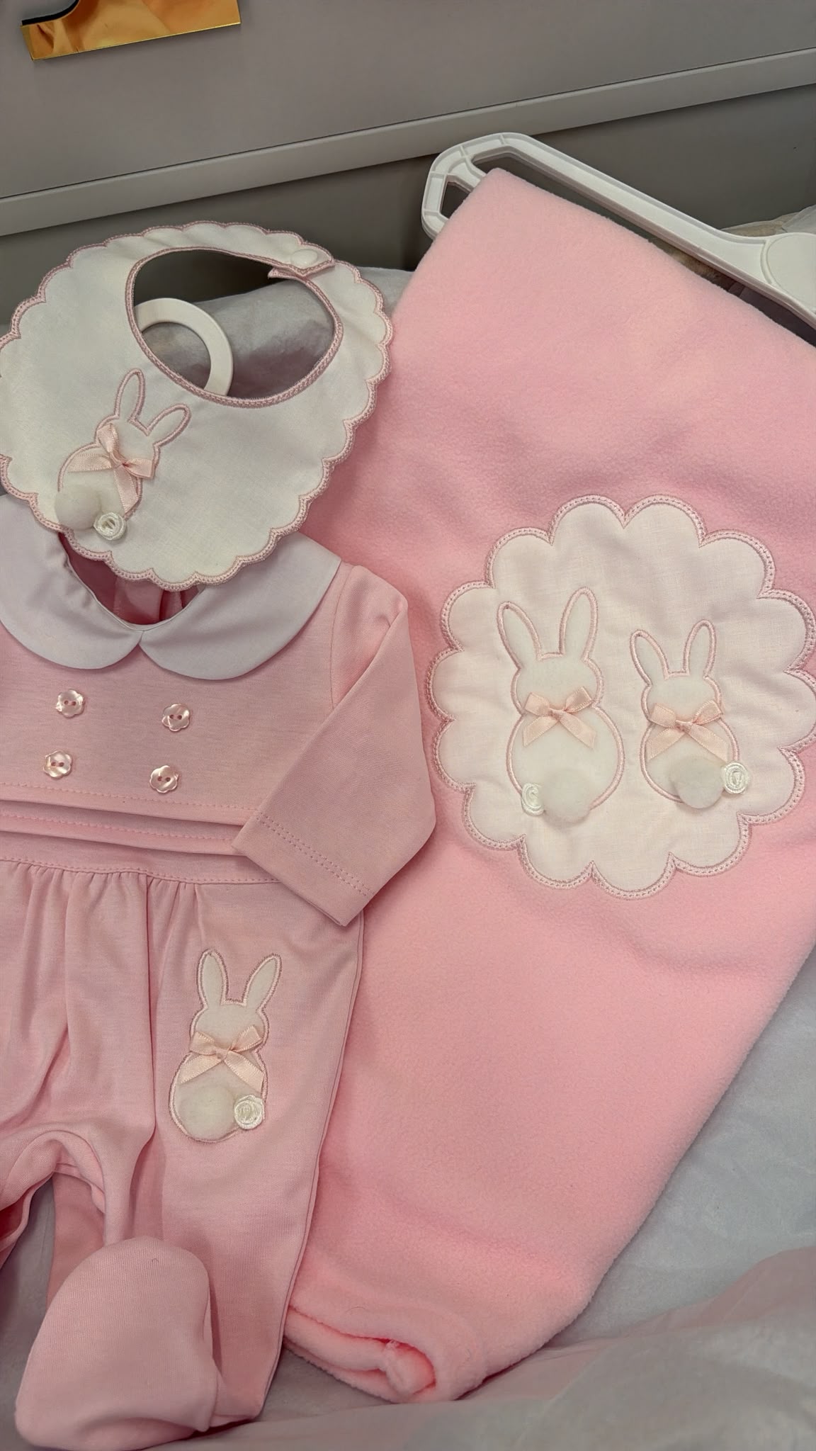 Pink bunny baby grow and bib set, blanket sold separately