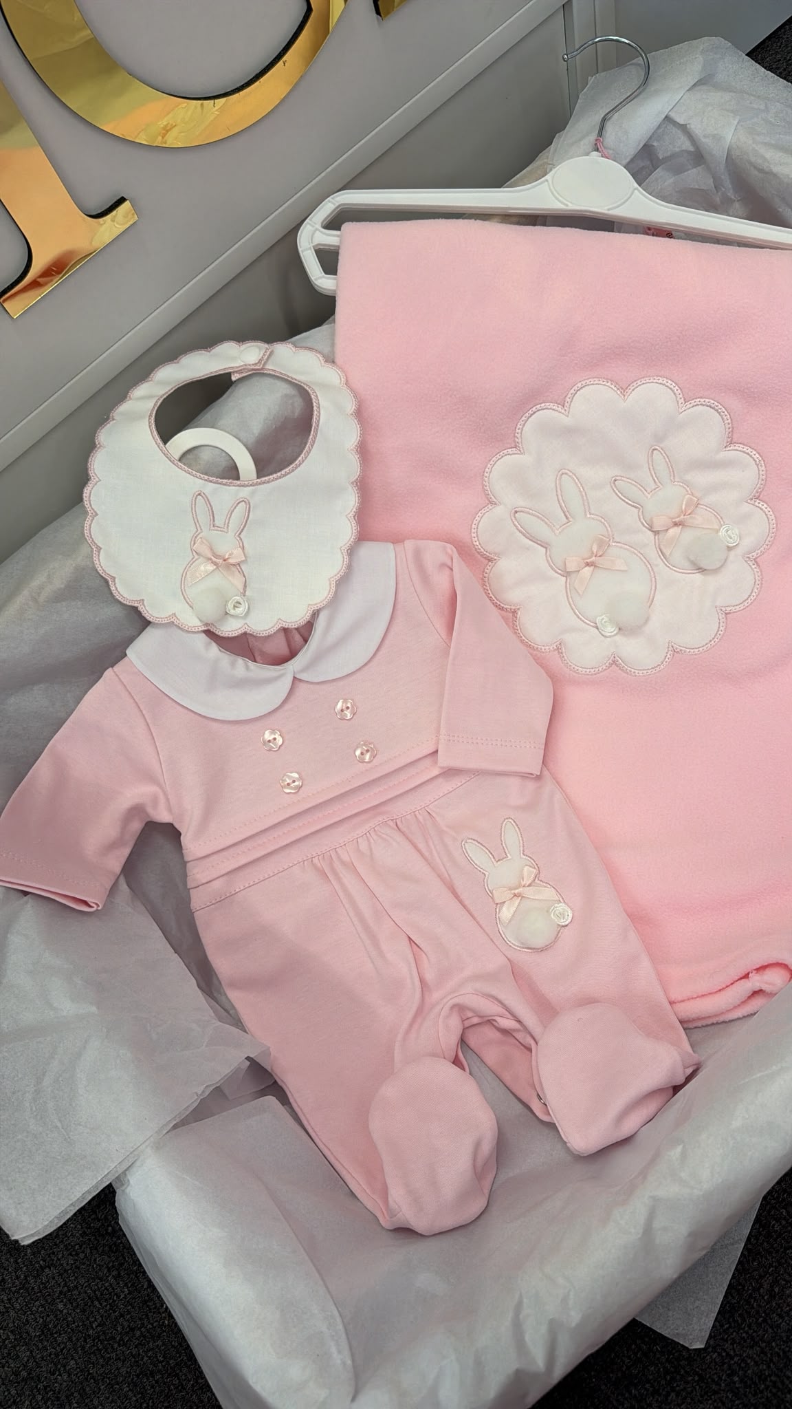 Pink bunny baby grow and bib set, blanket sold separately