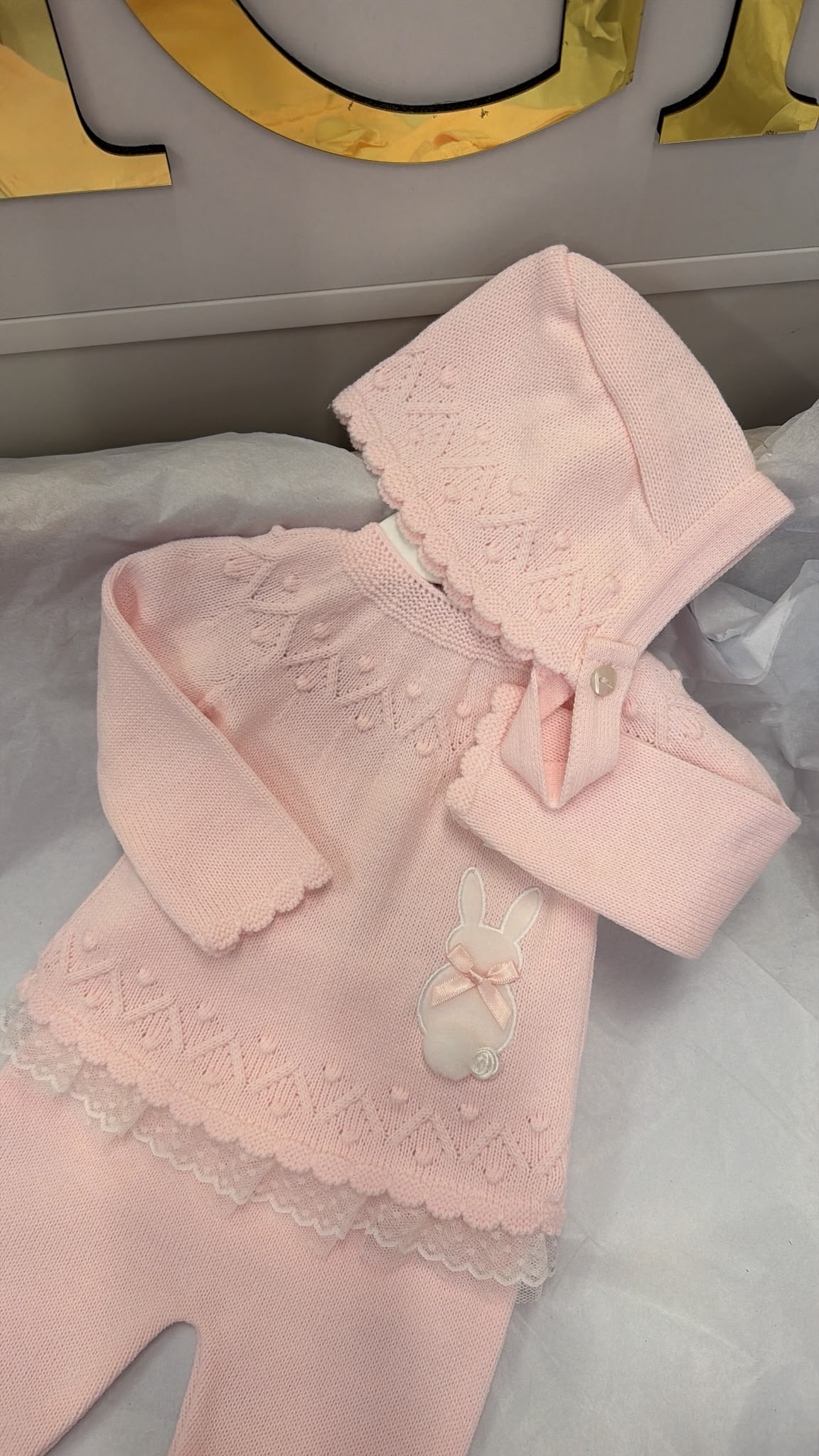 Pink lace bunny knit trouser set with bonnet. Blanket sold separately