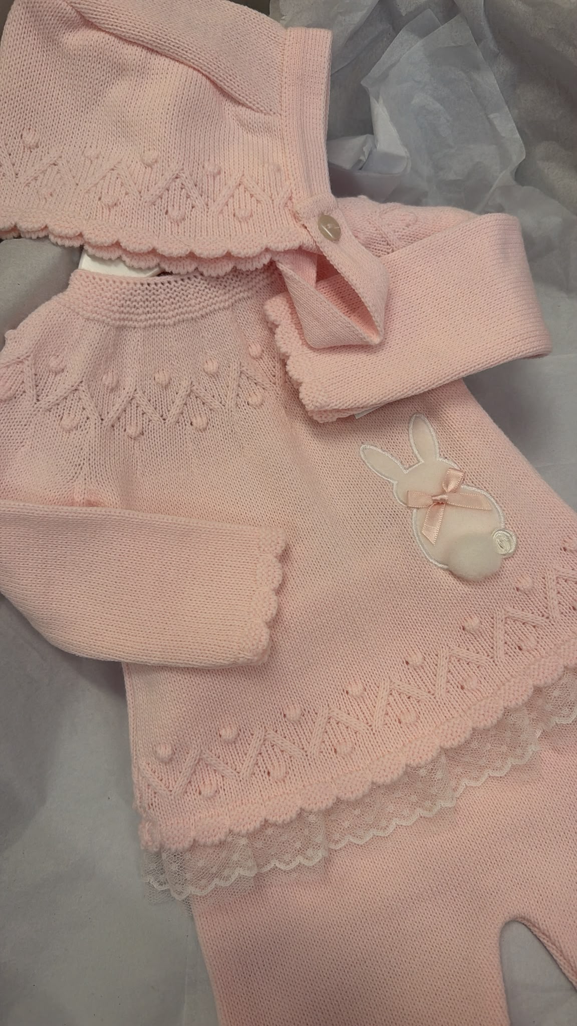 Pink lace bunny knit trouser set with bonnet. Blanket sold separately