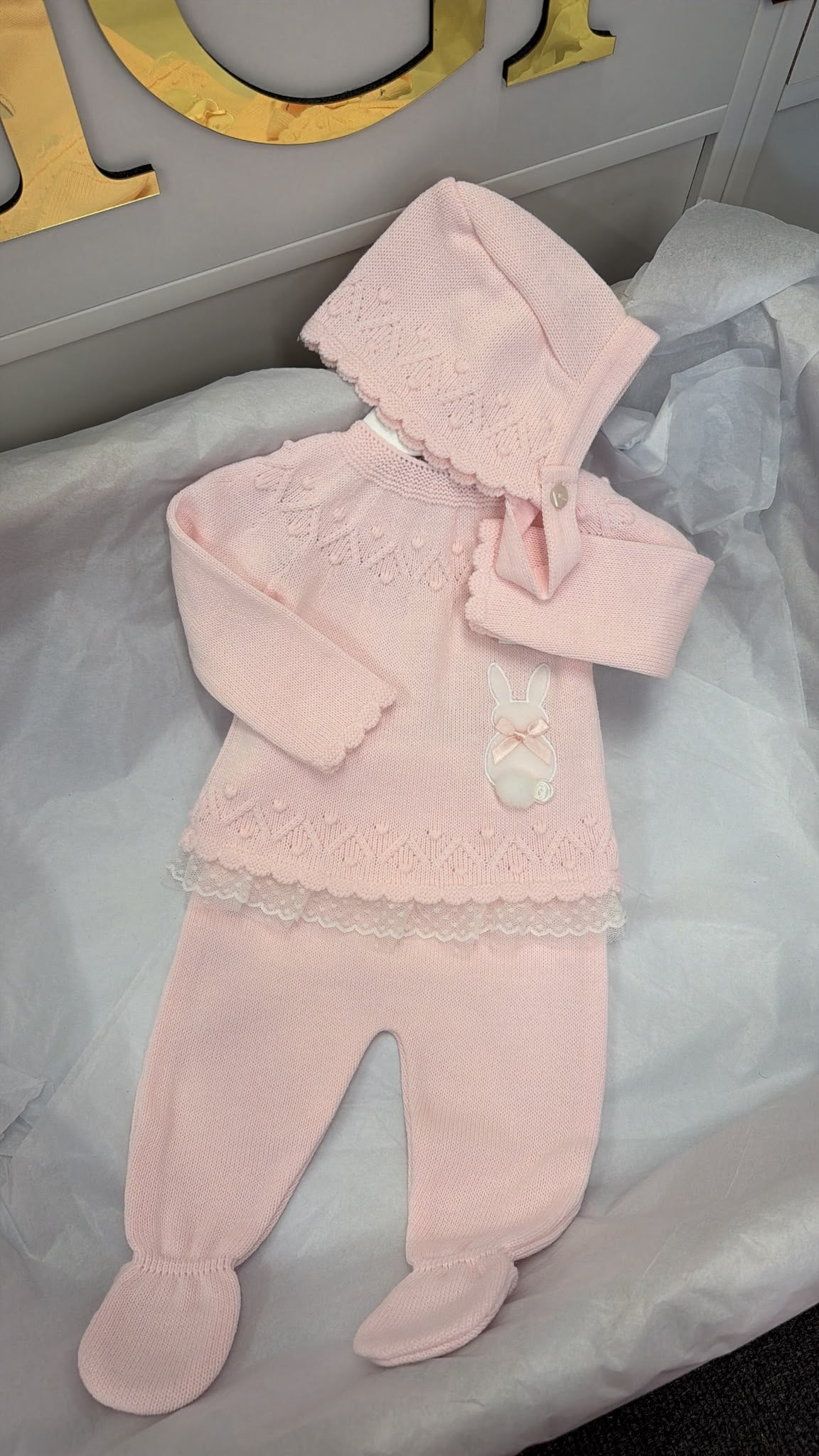 Pink lace bunny knit trouser set with bonnet. Blanket sold separately