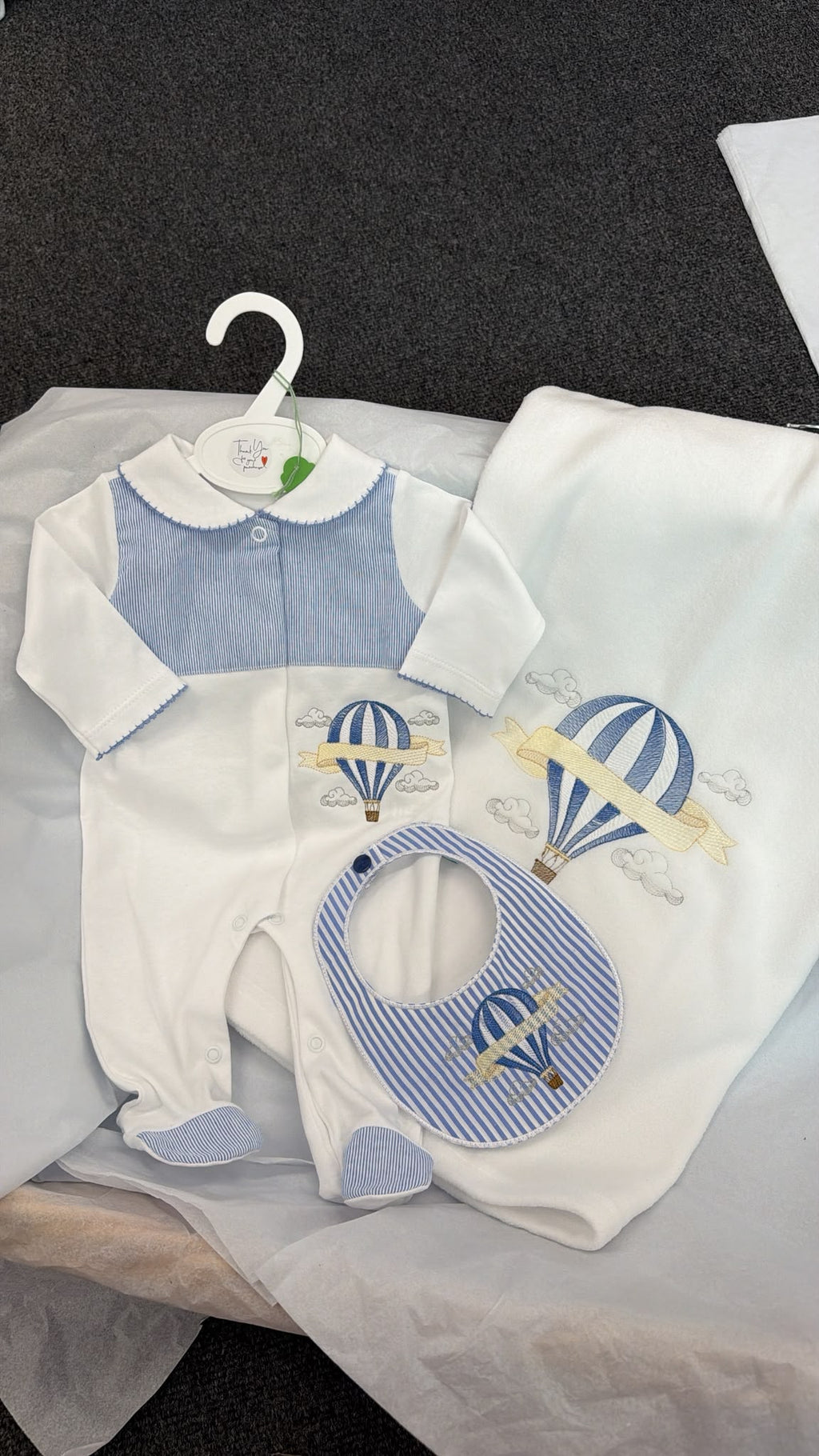 Blue Hot air balloon babygrow and bib (blanket sold separately)