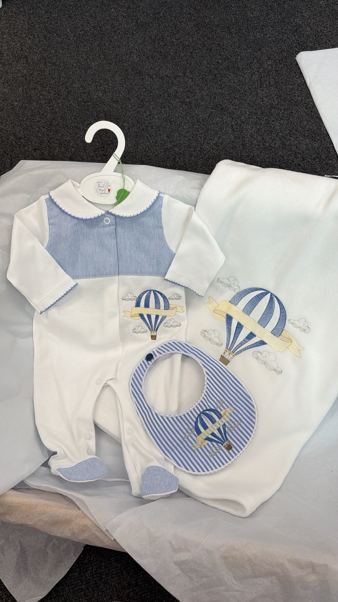 Blue Hot air balloon babygrow and bib (blanket sold separately)
