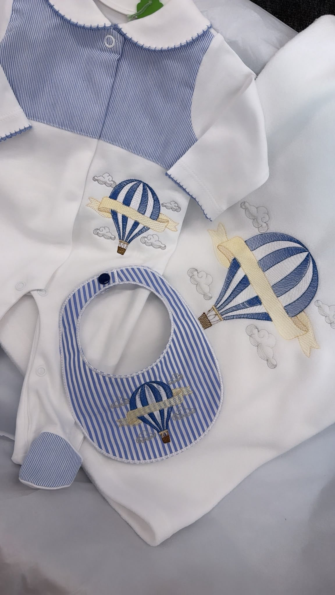 Blue Hot air balloon babygrow and bib (blanket sold separately)
