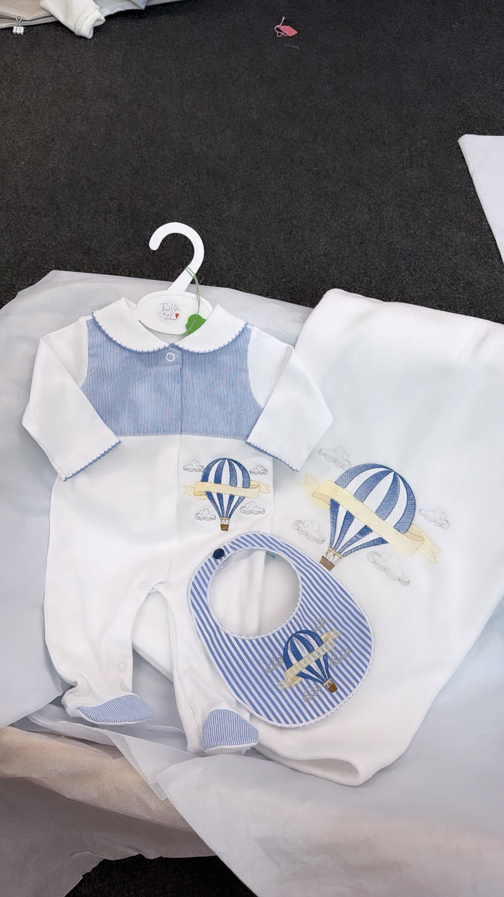 Blue Hot air balloon babygrow and bib (blanket sold separately)