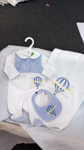 Blue Hot air balloon babygrow and bib (blanket sold separately)