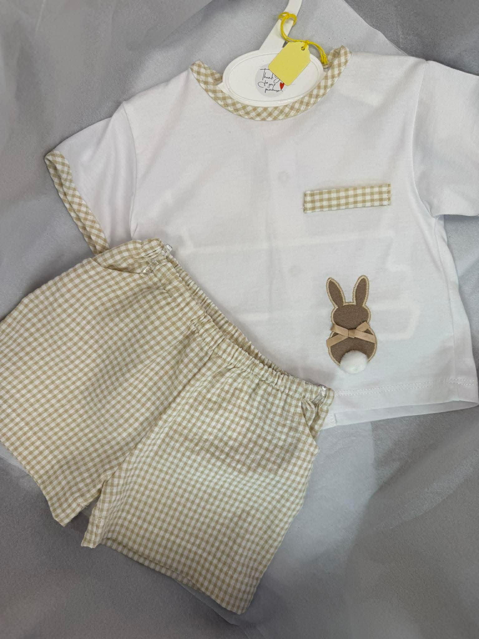 Beige gingham t-shirt & shorts set