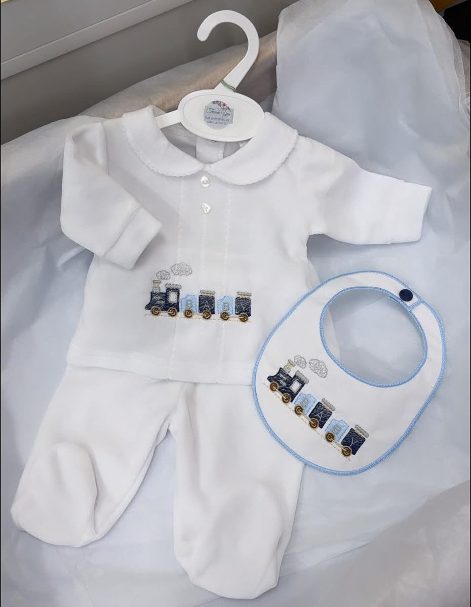 Train velour trouser set with bib (blanket sold separately)