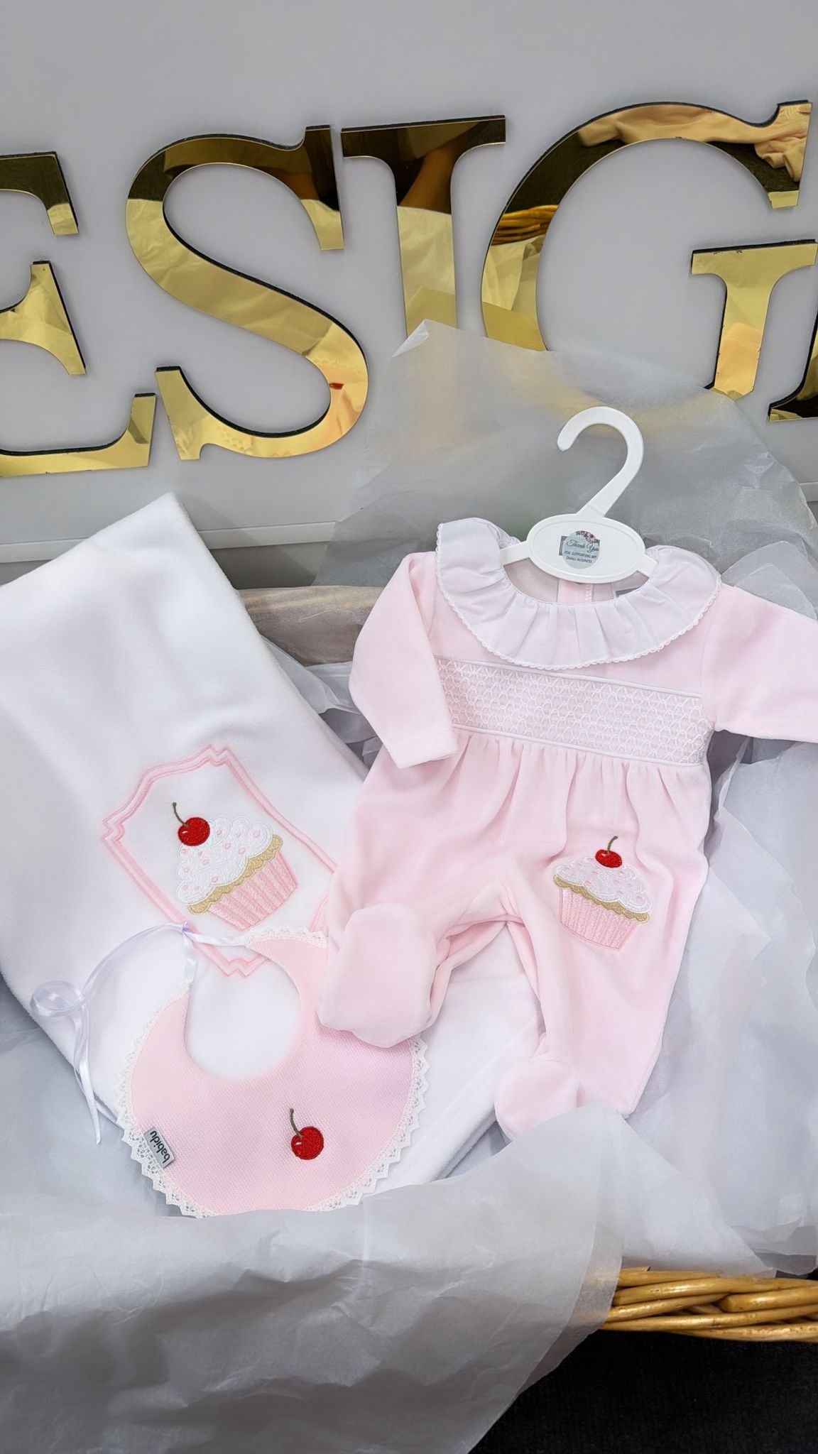 Cupcake velour babygrow and bib (blanket sold separately)